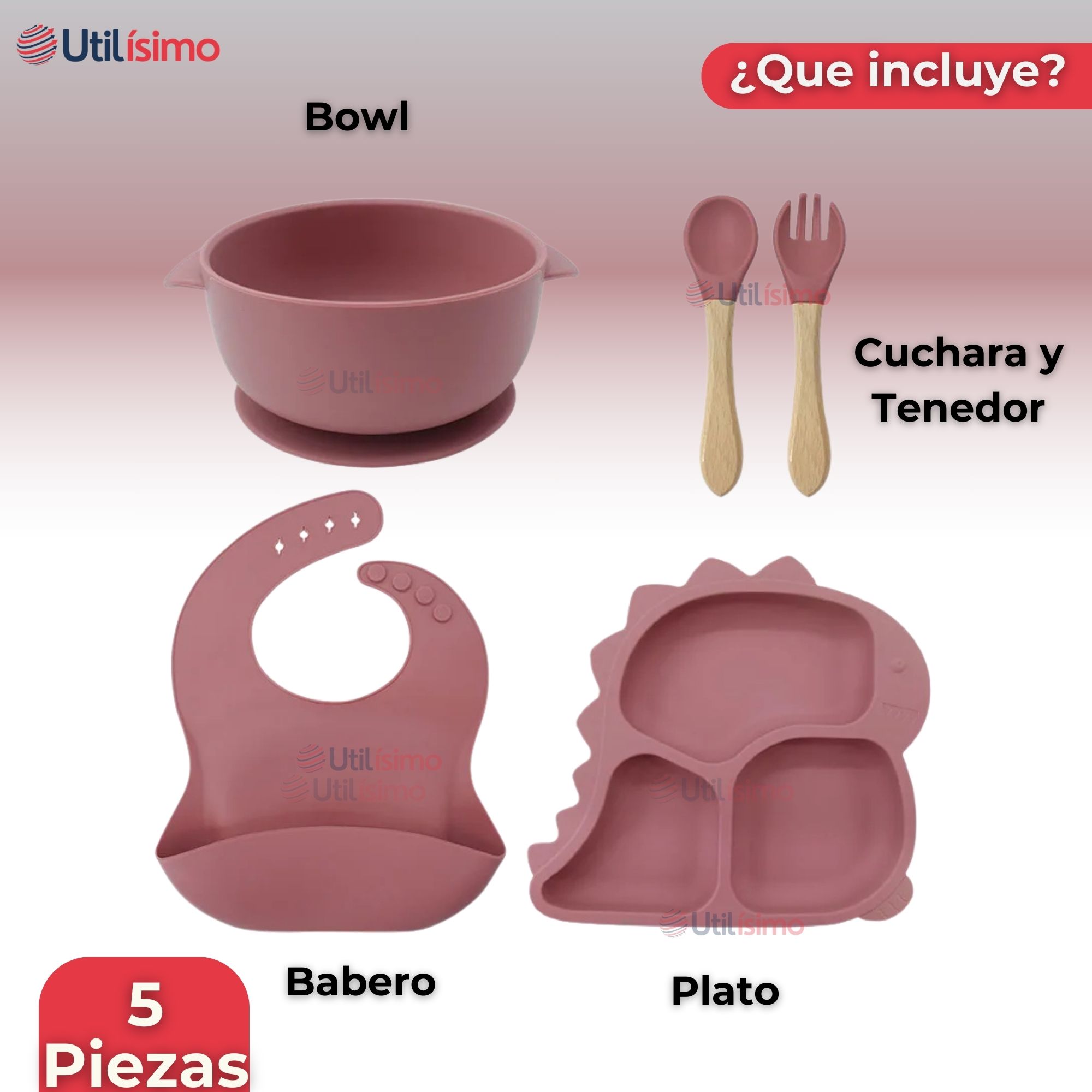 SET DE ALIMENTACIÓN BEBÉ SILICONA 5 PIEZAS DINOSAURIO LIBRE BPA ROSA OSCURO - 5