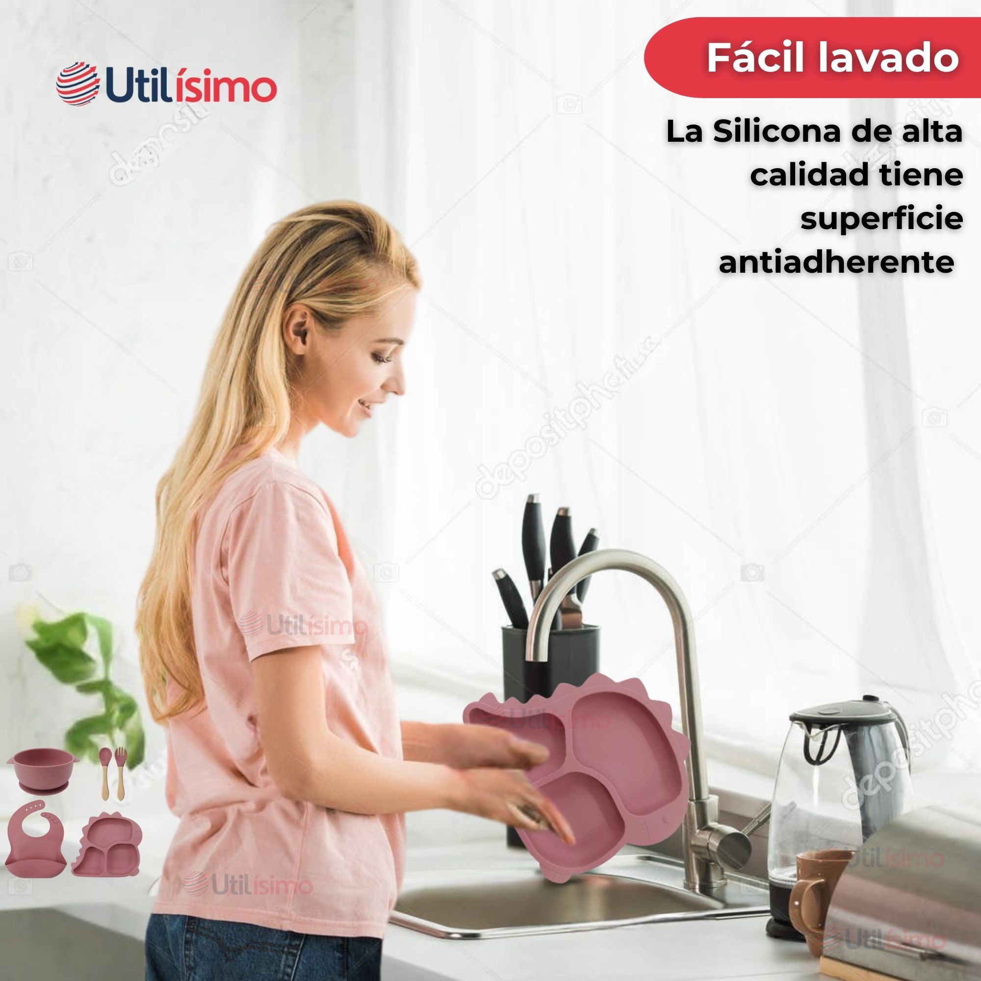 SET DE ALIMENTACIÓN BEBÉ SILICONA 5 PIEZAS DINOSAURIO LIBRE BPA ROSA OSCURO - 6