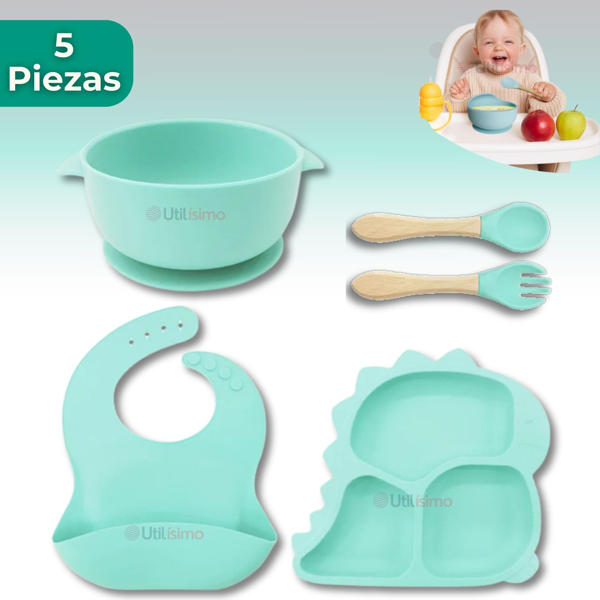 SET DE ALIMENTACIÓN BEBÉ SILICONA 5 PIEZAS DINOSAURIO LIBRE BPA TURQUESA - 1