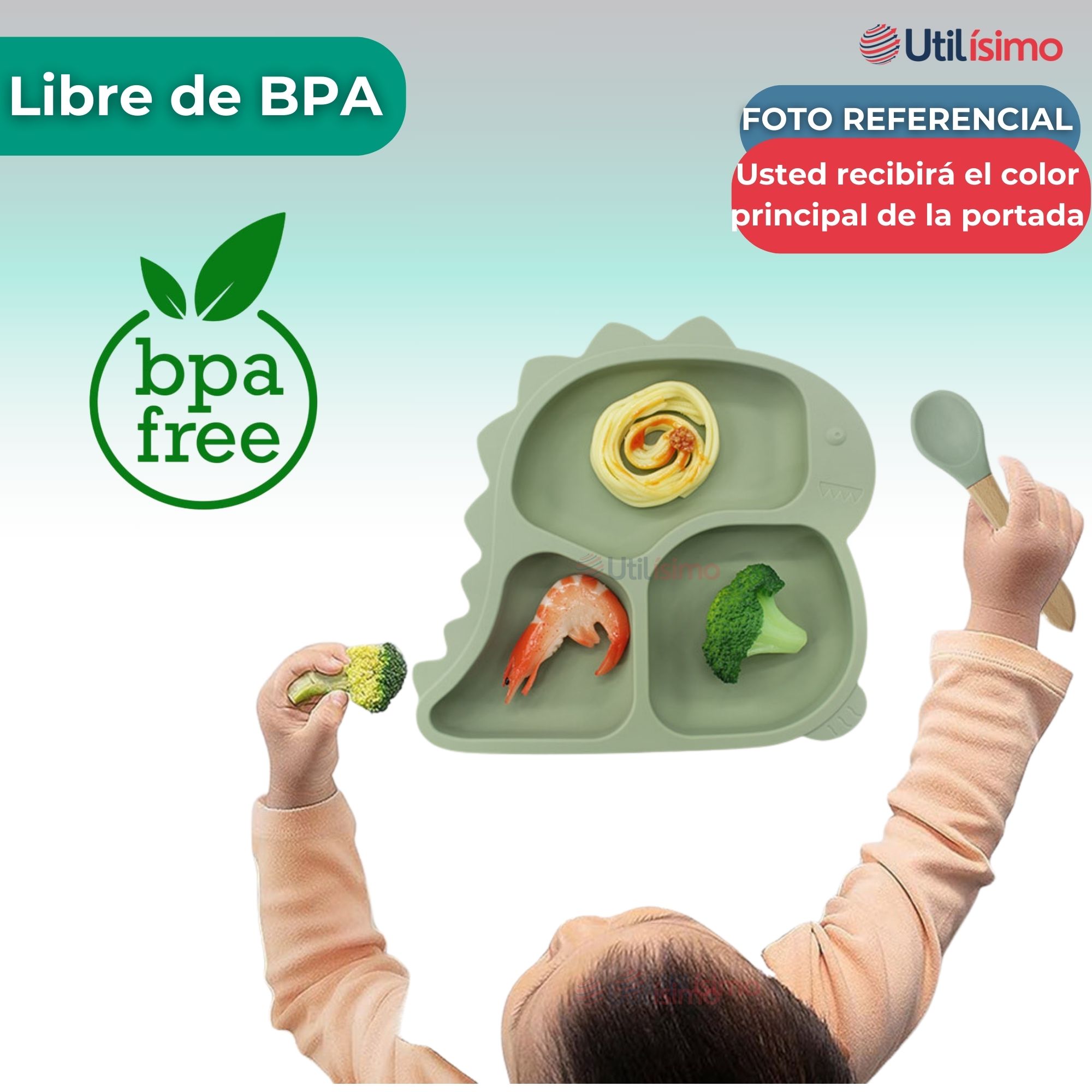 SET DE ALIMENTACIÓN BEBÉ SILICONA 5 PIEZAS DINOSAURIO LIBRE BPA TURQUESA - 2
