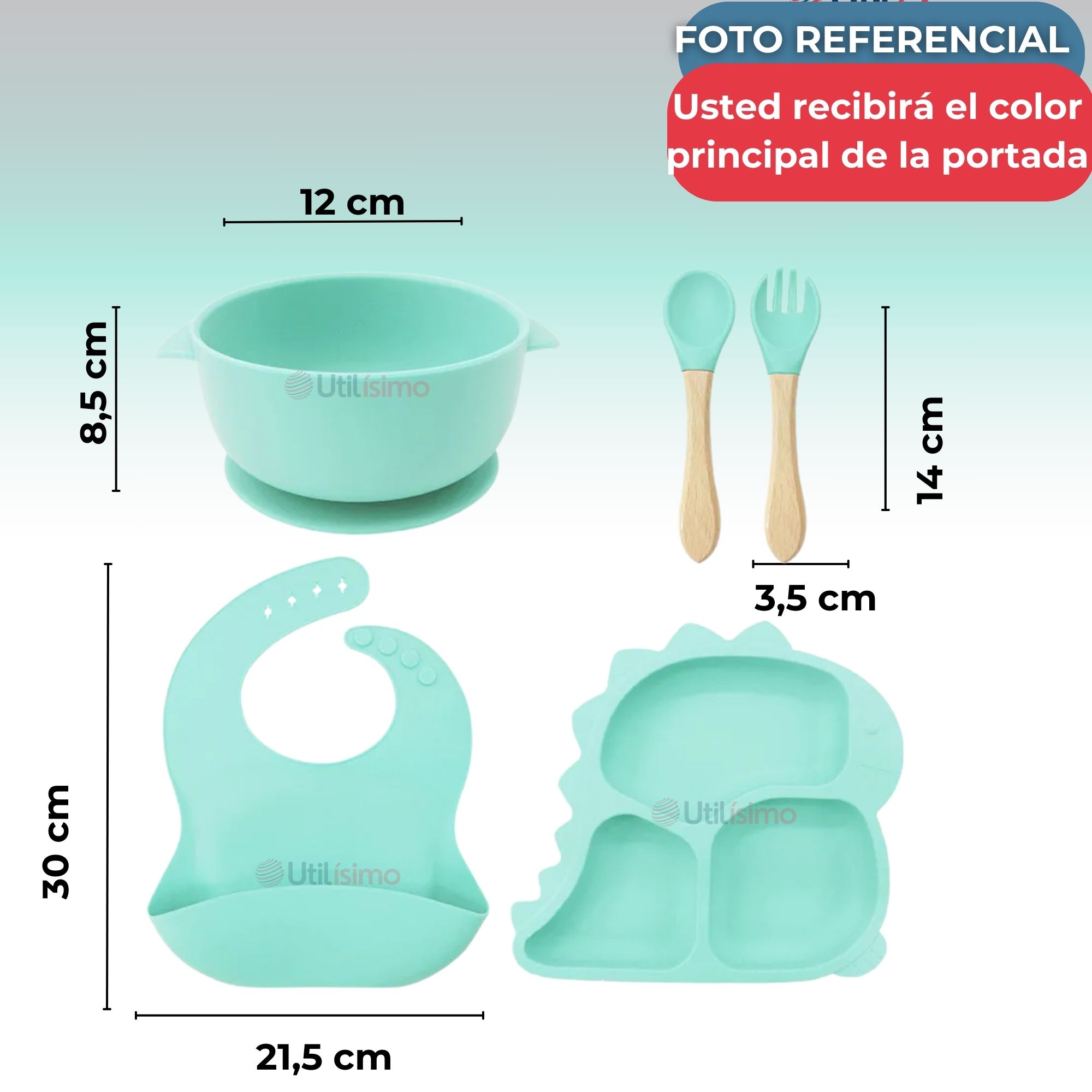 SET DE ALIMENTACIÓN BEBÉ SILICONA 5 PIEZAS DINOSAURIO LIBRE BPA TURQUESA - 3