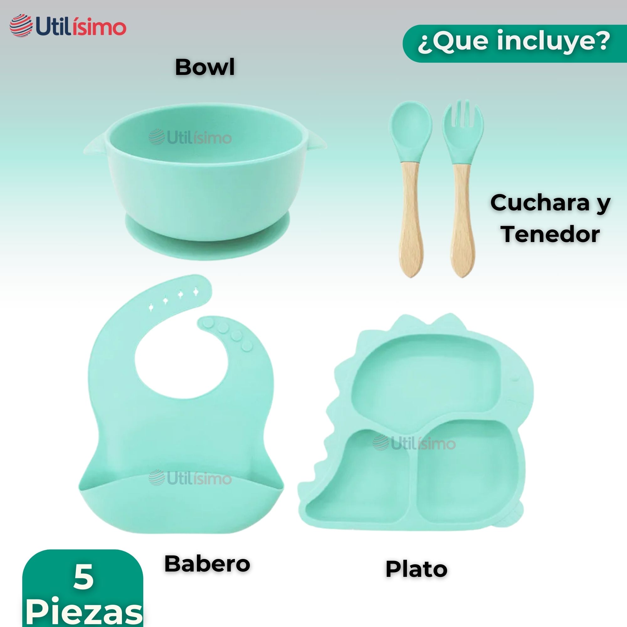 SET DE ALIMENTACIÓN BEBÉ SILICONA 5 PIEZAS DINOSAURIO LIBRE BPA TURQUESA - 5