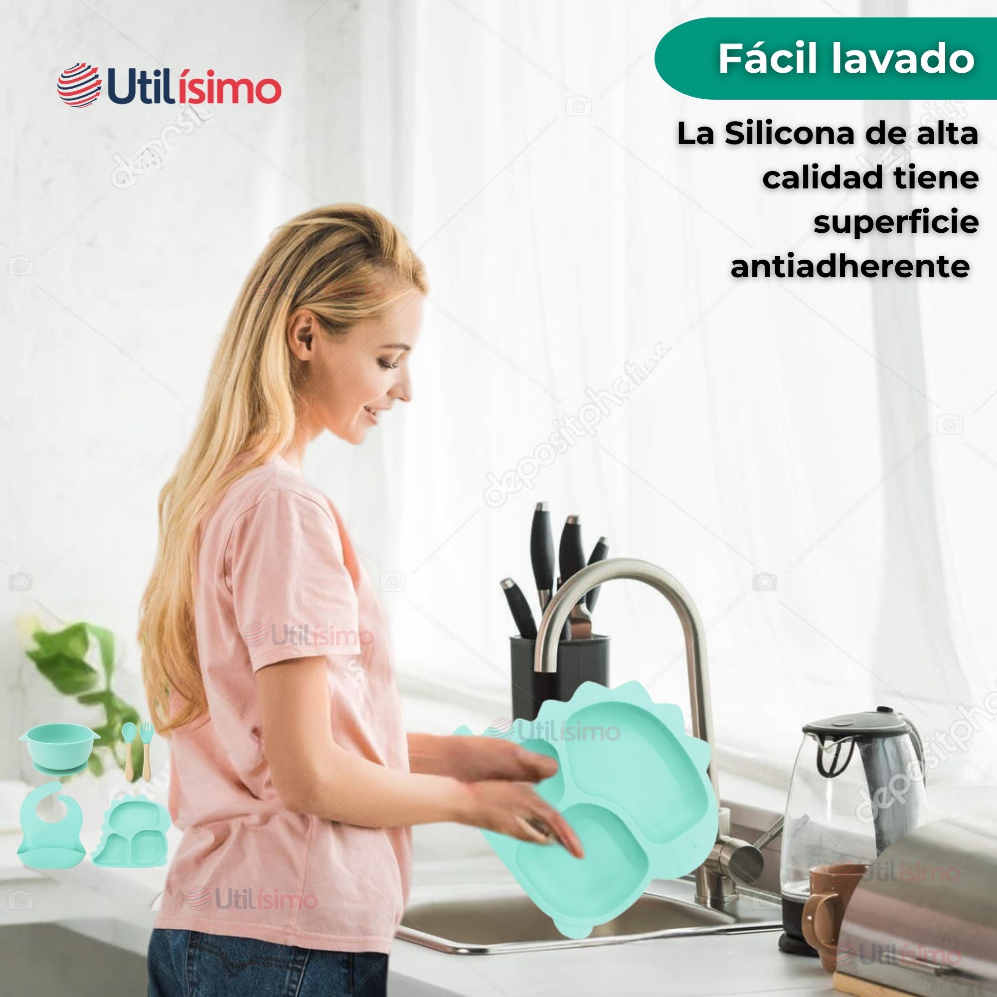 SET DE ALIMENTACIÓN BEBÉ SILICONA 5 PIEZAS DINOSAURIO LIBRE BPA TURQUESA - 6