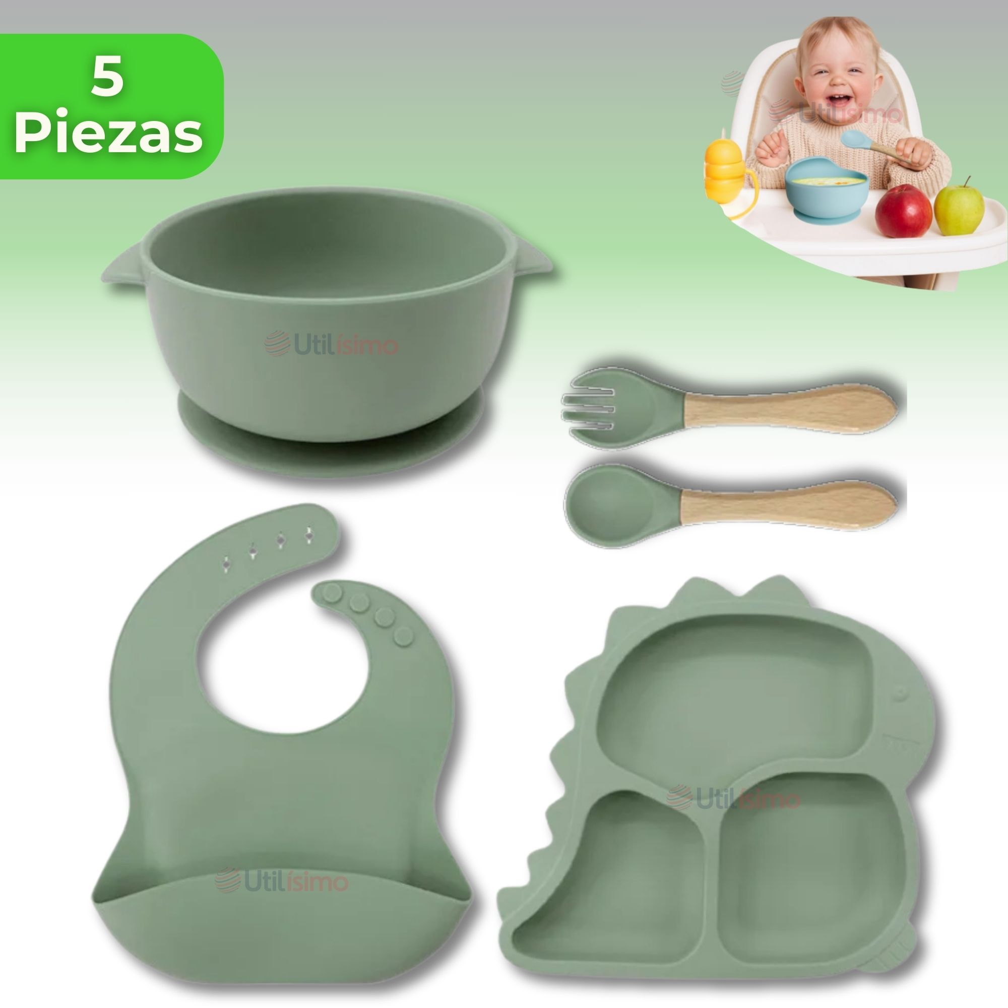 SET DE ALIMENTACIÓN BEBÉ SILICONA 5 PIEZAS DINOSAURIO LIBRE BPA VERDE - 1