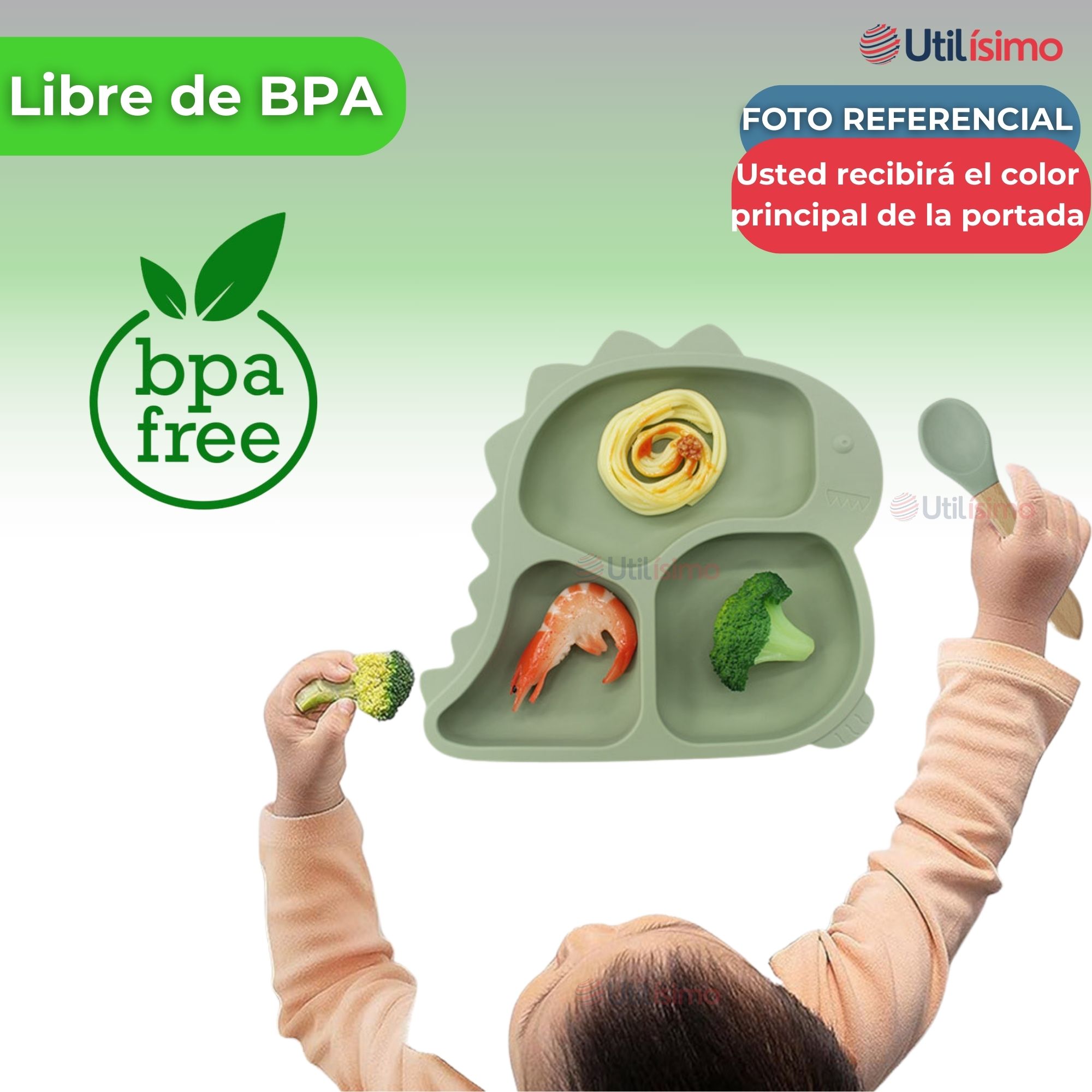 SET DE ALIMENTACIÓN BEBÉ SILICONA 5 PIEZAS DINOSAURIO LIBRE BPA VERDE - 2