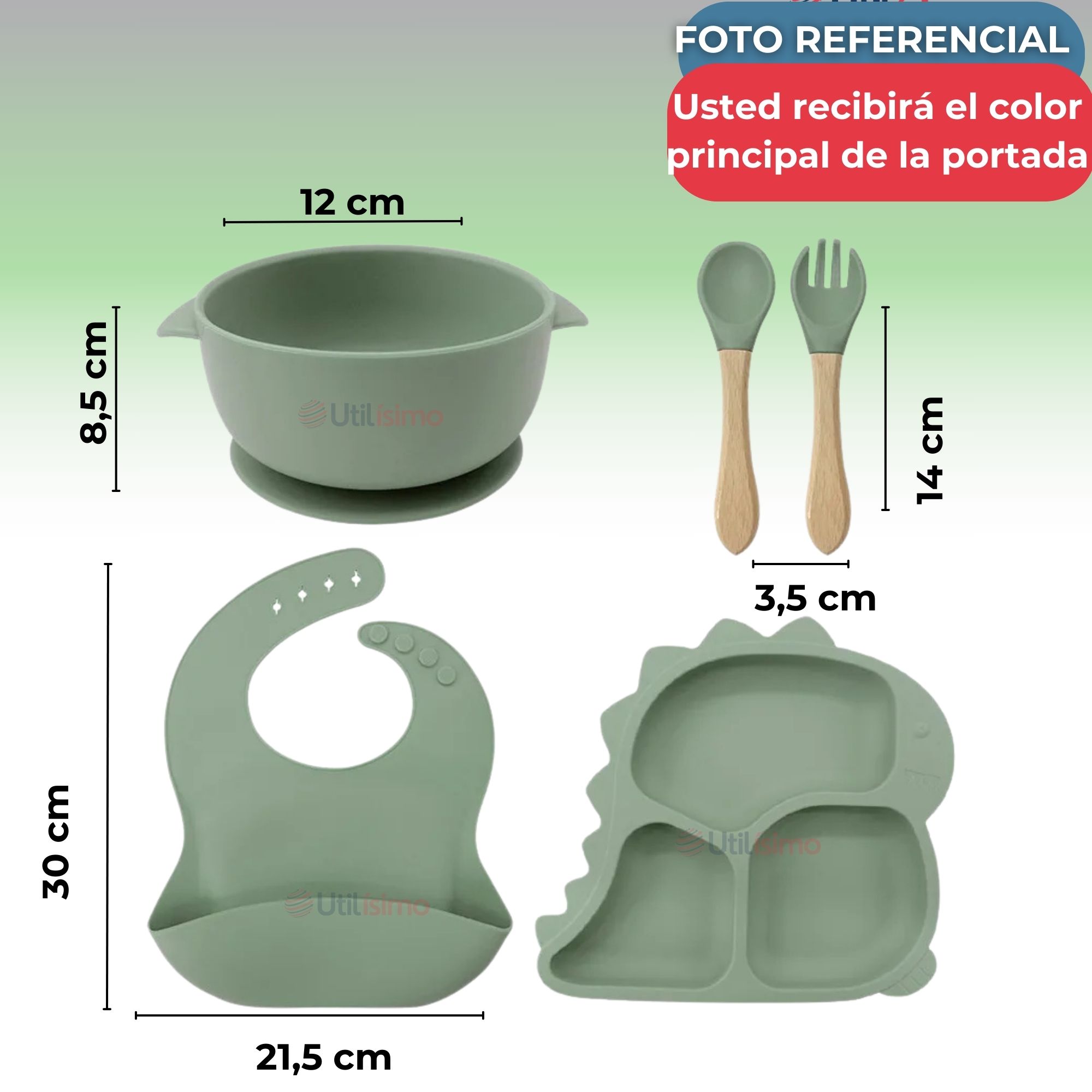 SET DE ALIMENTACIÓN BEBÉ SILICONA 5 PIEZAS DINOSAURIO LIBRE BPA VERDE - 3