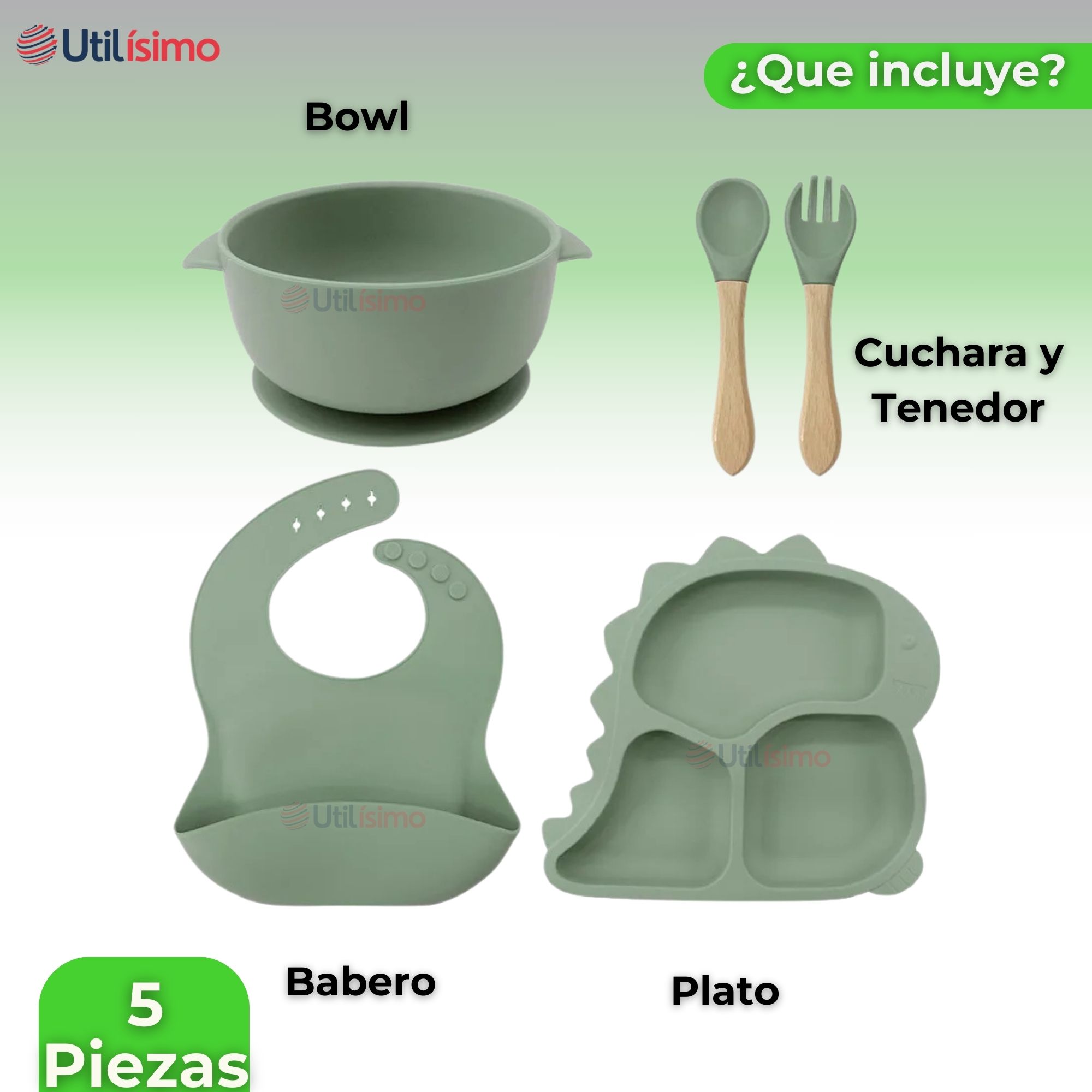 SET DE ALIMENTACIÓN BEBÉ SILICONA 5 PIEZAS DINOSAURIO LIBRE BPA VERDE - 5