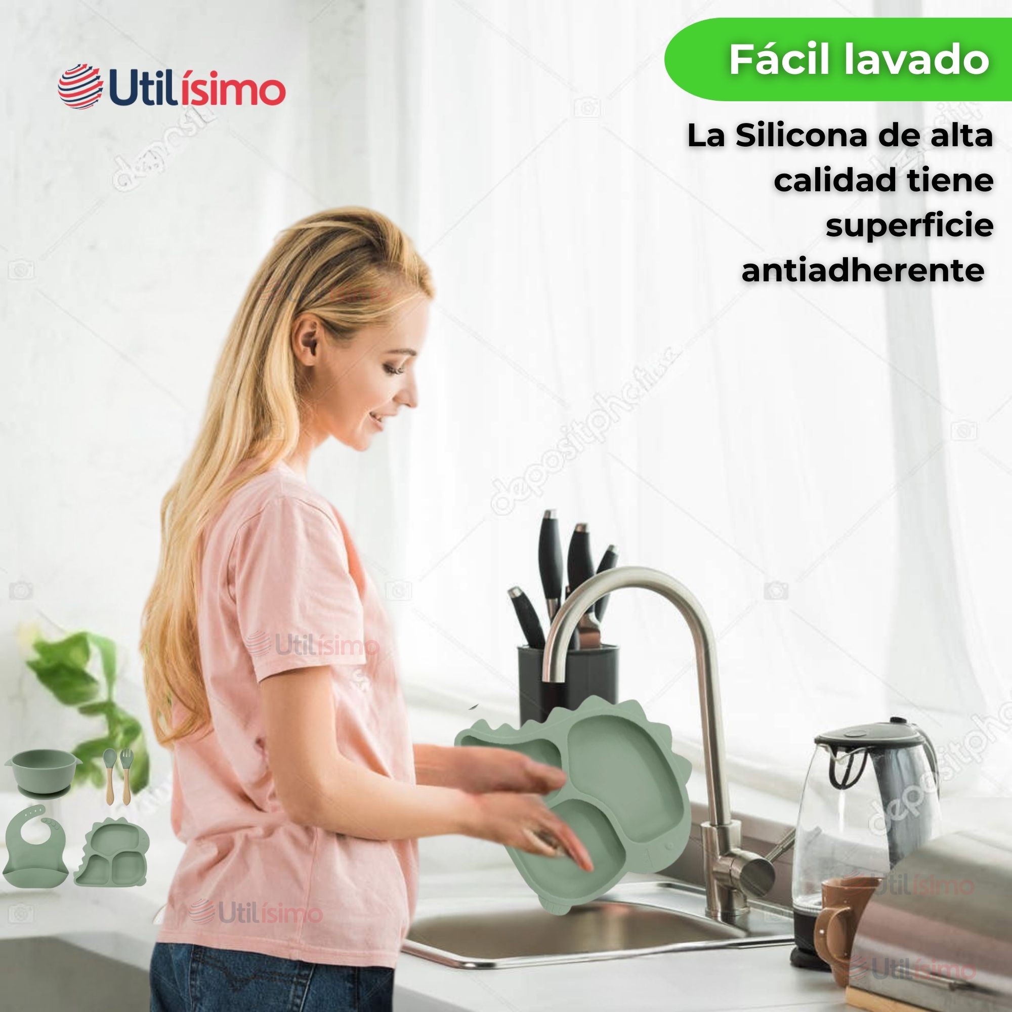 SET DE ALIMENTACIÓN BEBÉ SILICONA 5 PIEZAS DINOSAURIO LIBRE BPA VERDE - 6
