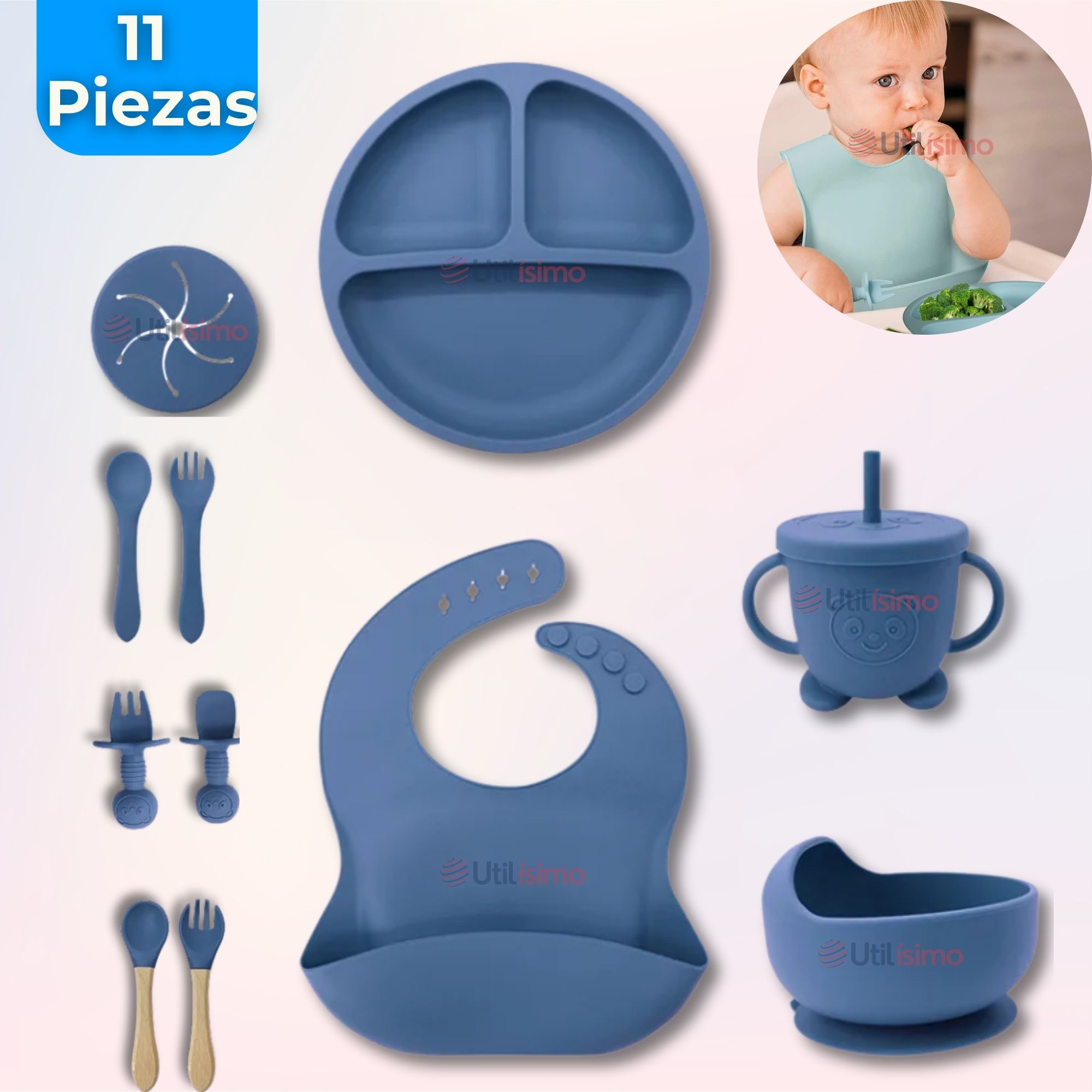SET DE ALIMENTACIÓN BEBÉ SILICONA CON VASO 11 PIEZAS LIBRE BPA AZUL - 1