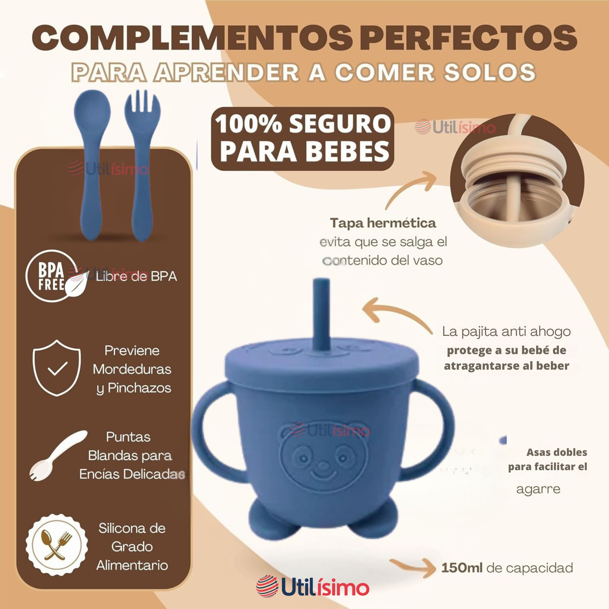 SET DE ALIMENTACIÓN BEBÉ SILICONA CON VASO 11 PIEZAS LIBRE BPA AZUL - 3