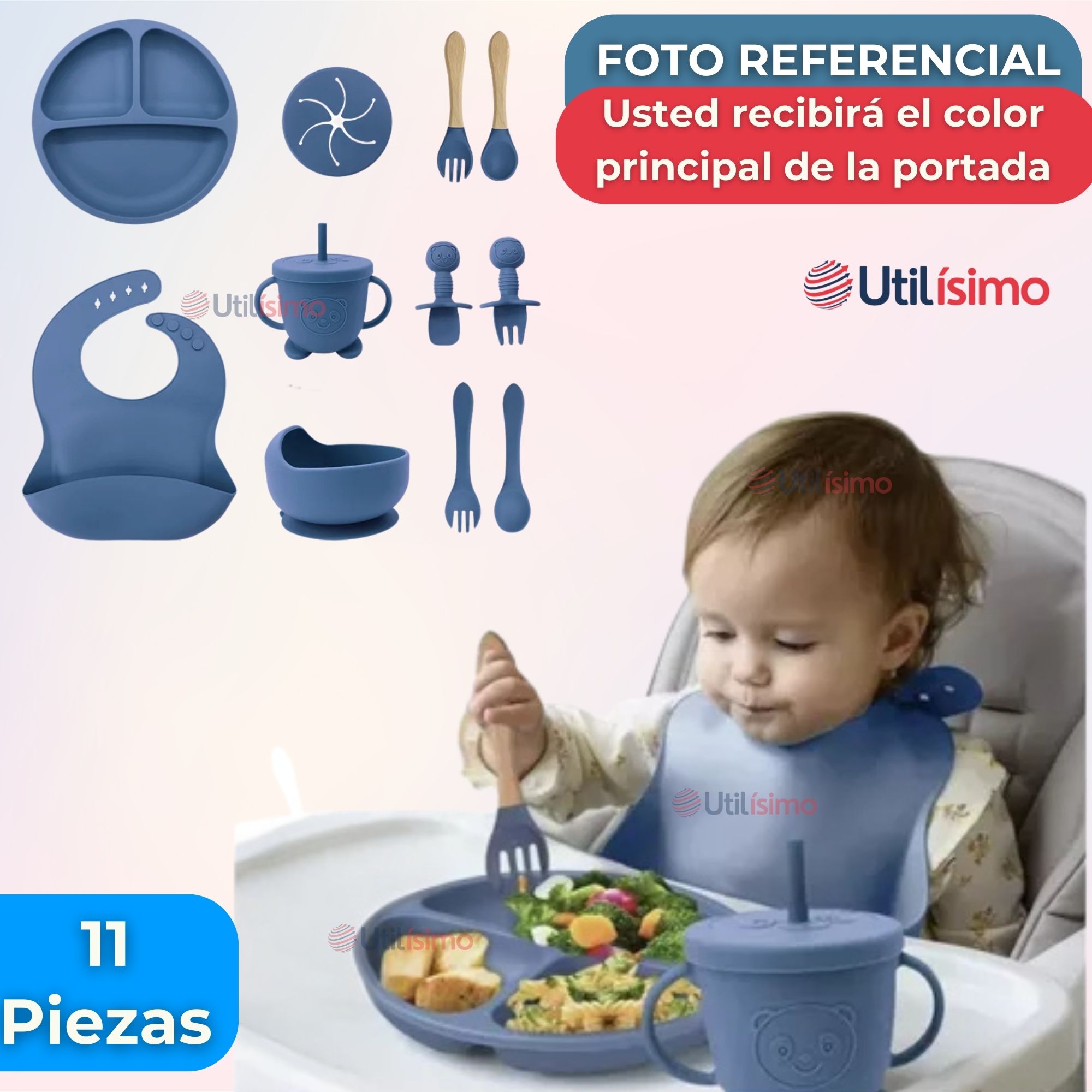 SET DE ALIMENTACIÓN BEBÉ SILICONA CON VASO 11 PIEZAS LIBRE BPA AZUL - 8