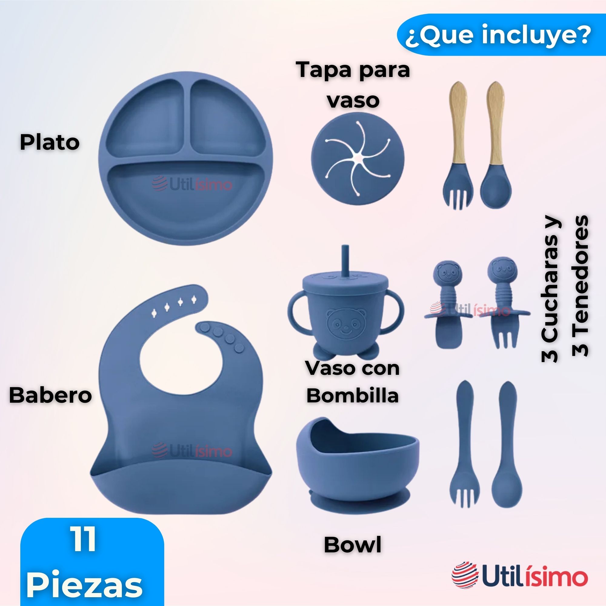 SET DE ALIMENTACIÓN BEBÉ SILICONA CON VASO 11 PIEZAS LIBRE BPA AZUL - 9