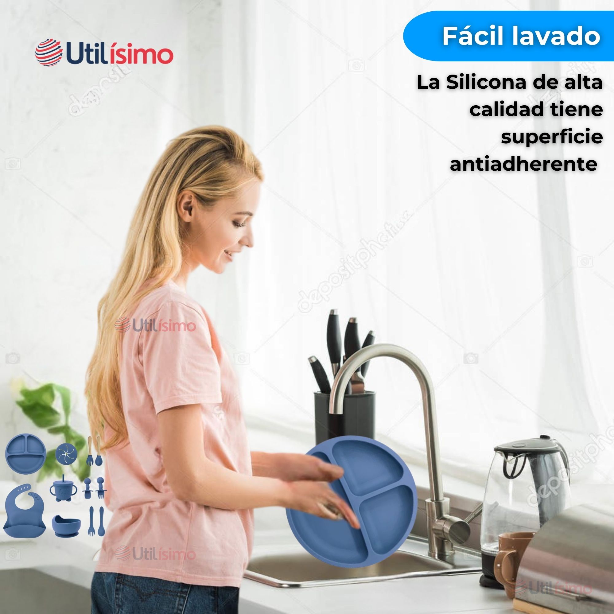 SET DE ALIMENTACIÓN BEBÉ SILICONA CON VASO 11 PIEZAS LIBRE BPA AZUL - 11