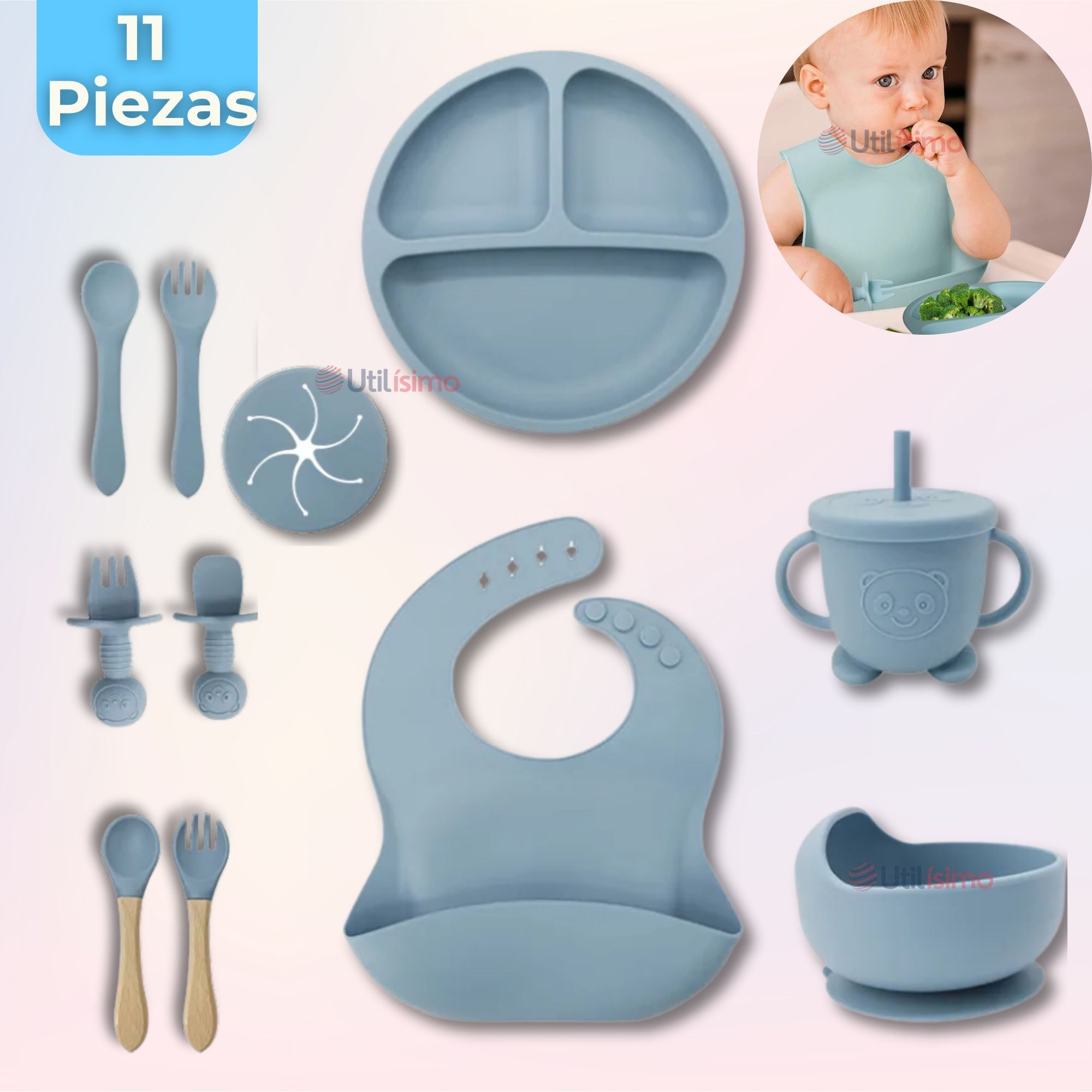 SET DE ALIMENTACIÓN BEBÉ SILICONA CON VASO 11 PIEZAS LIBRE BPA CELESTE - 1