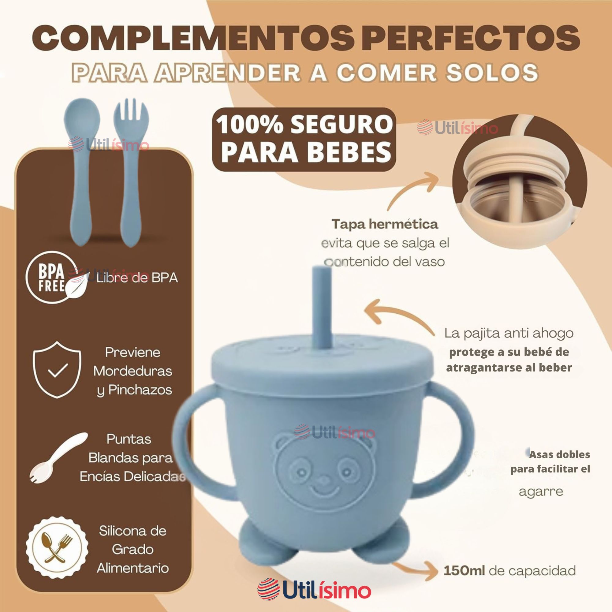 SET DE ALIMENTACIÓN BEBÉ SILICONA CON VASO 11 PIEZAS LIBRE BPA CELESTE - 3