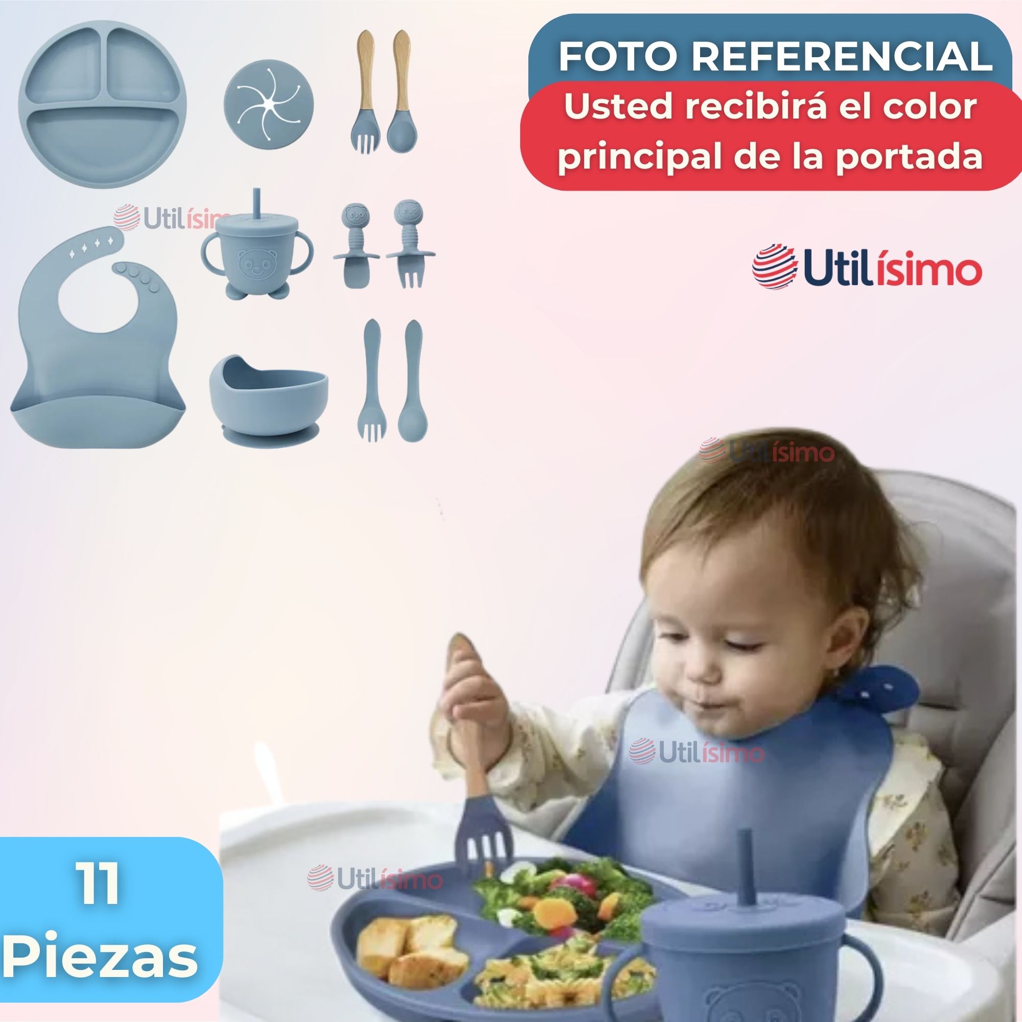 SET DE ALIMENTACIÓN BEBÉ SILICONA CON VASO 11 PIEZAS LIBRE BPA CELESTE - 8
