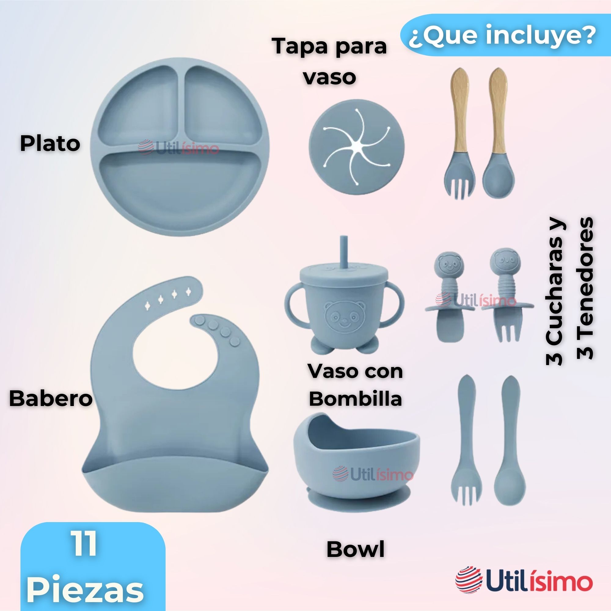 SET DE ALIMENTACIÓN BEBÉ SILICONA CON VASO 11 PIEZAS LIBRE BPA CELESTE - 9