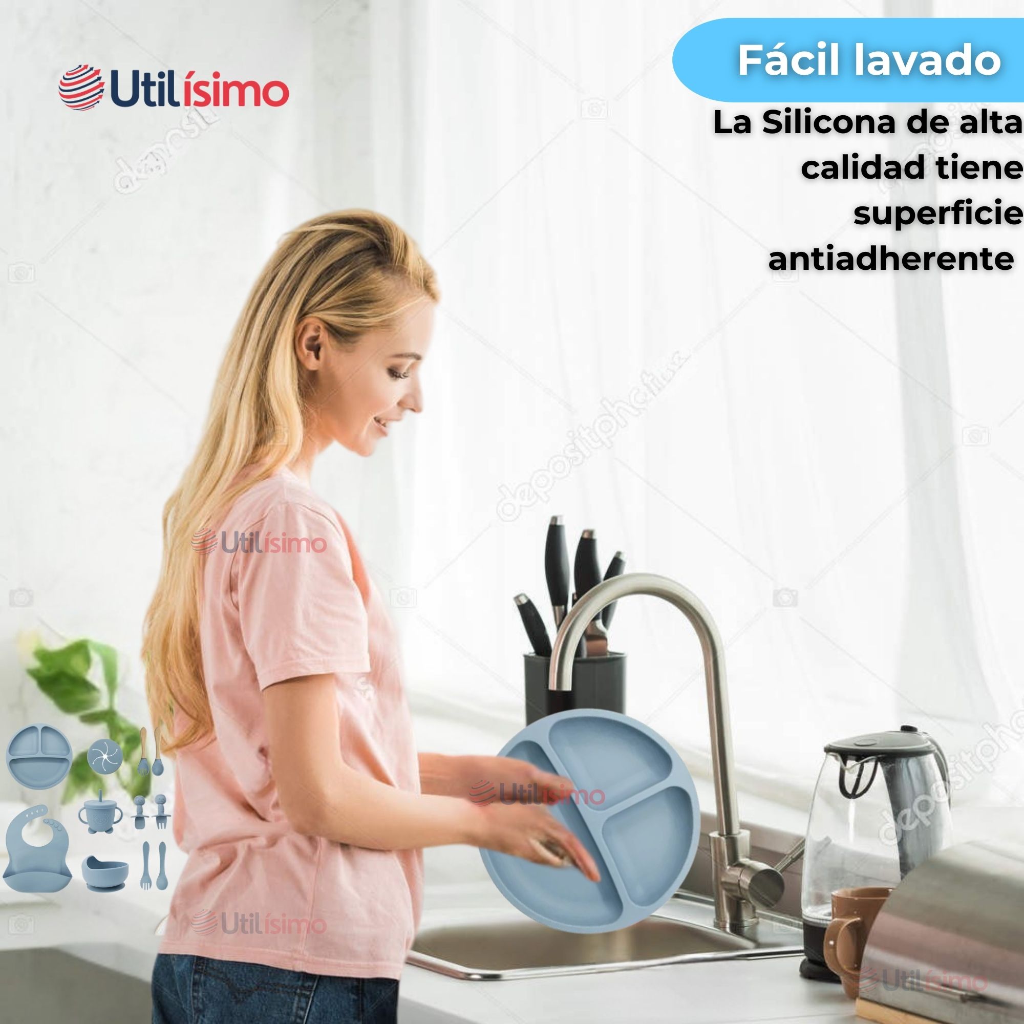 SET DE ALIMENTACIÓN BEBÉ SILICONA CON VASO 11 PIEZAS LIBRE BPA CELESTE - 11