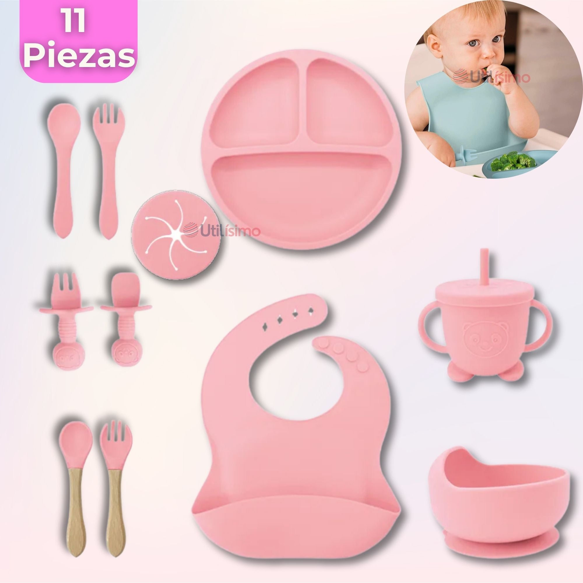 SET DE ALIMENTACIÓN BEBÉ SILICONA CON VASO 11 PIEZAS LIBRE BPA ROSA CLARO - 1
