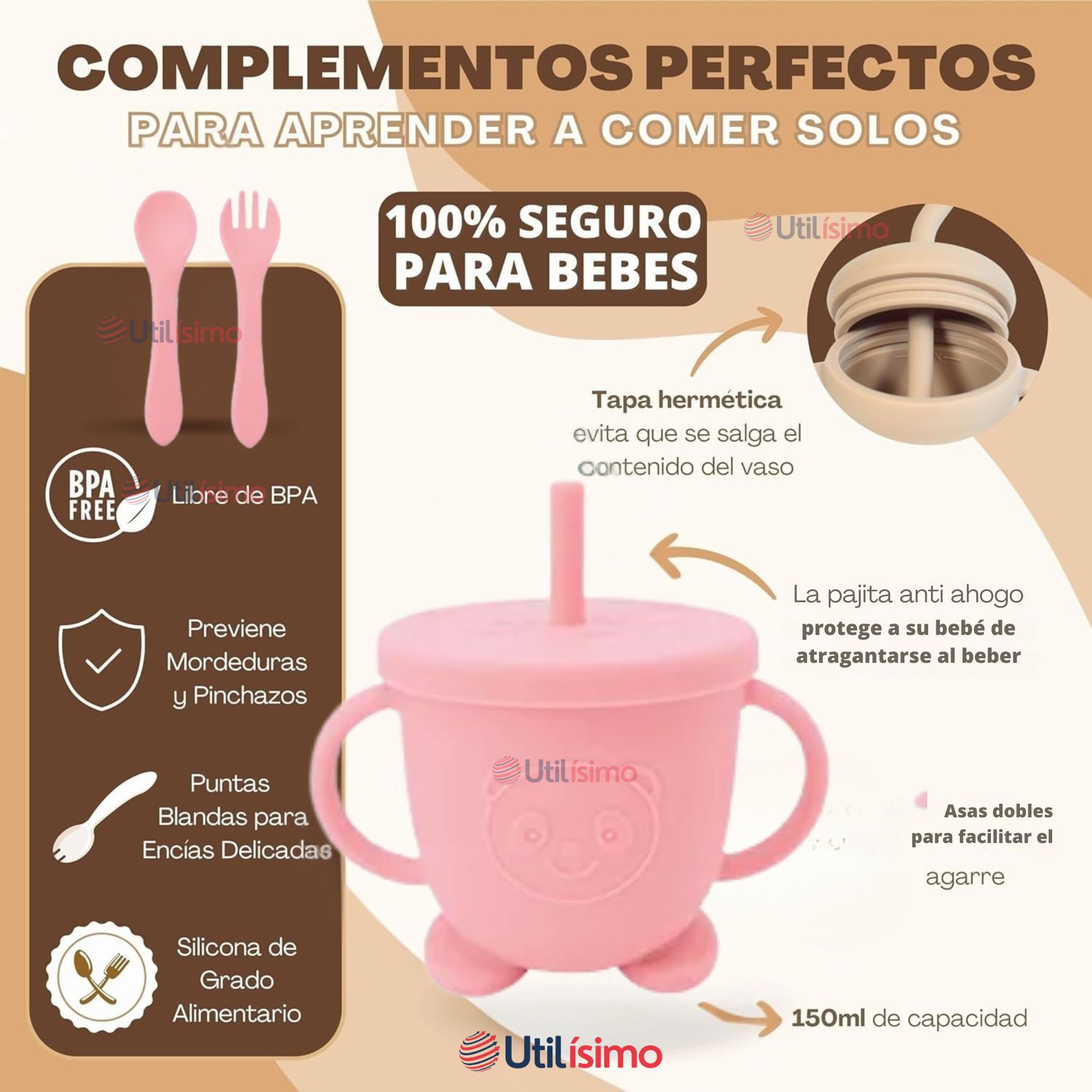 SET DE ALIMENTACIÓN BEBÉ SILICONA CON VASO 11 PIEZAS LIBRE BPA ROSA CLARO - 3