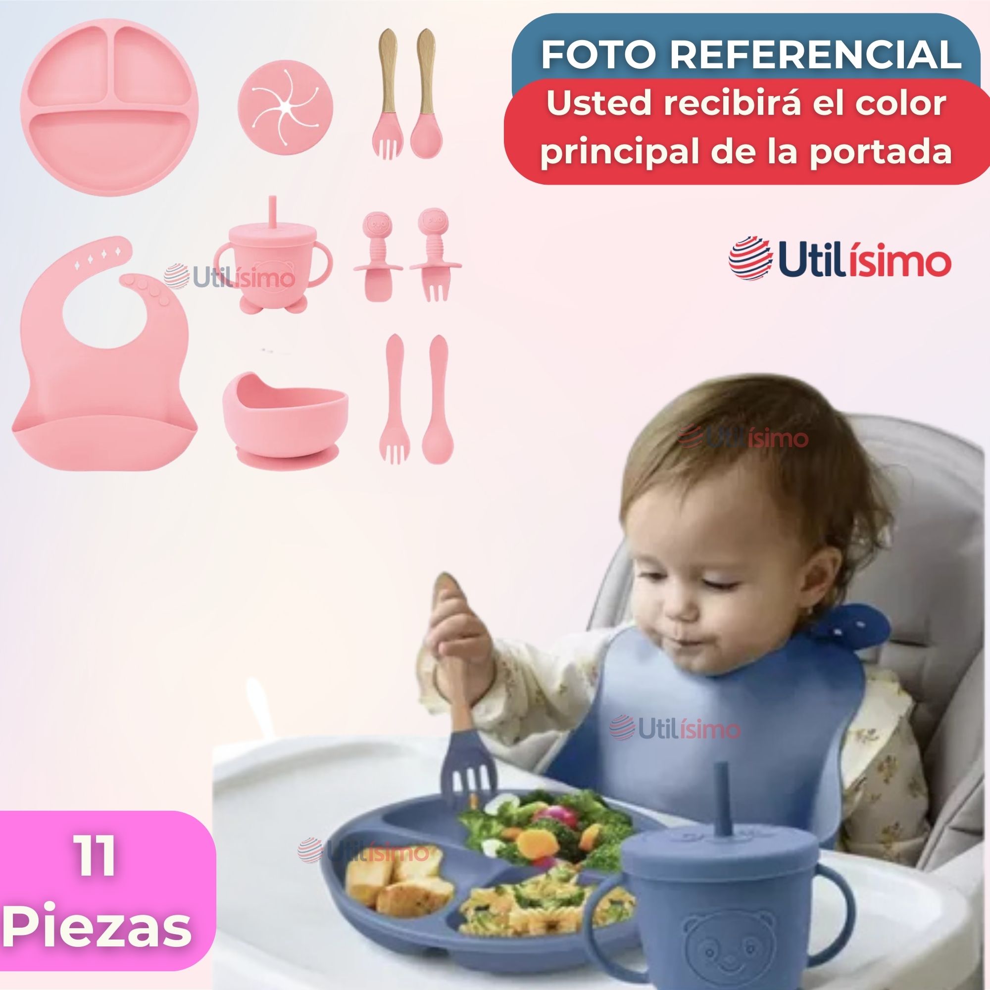 SET DE ALIMENTACIÓN BEBÉ SILICONA CON VASO 11 PIEZAS LIBRE BPA ROSA CLARO - 8