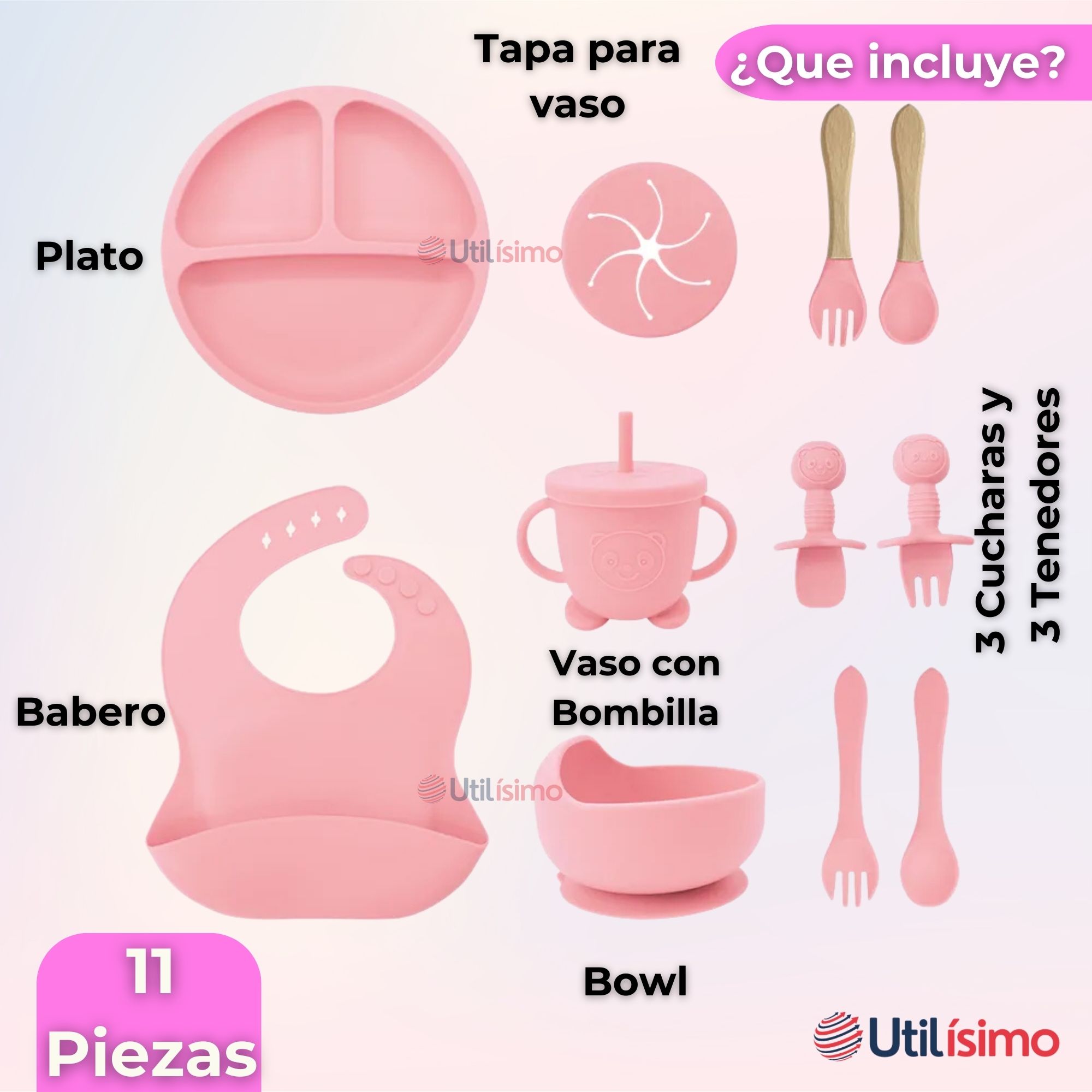 SET DE ALIMENTACIÓN BEBÉ SILICONA CON VASO 11 PIEZAS LIBRE BPA ROSA CLARO - 9