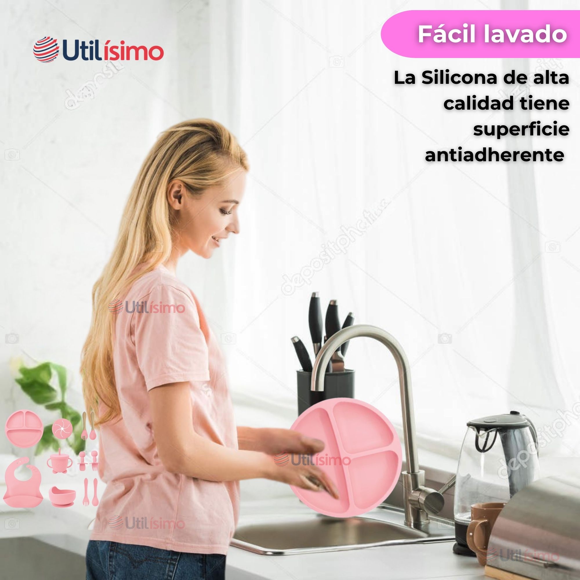 SET DE ALIMENTACIÓN BEBÉ SILICONA CON VASO 11 PIEZAS LIBRE BPA ROSA CLARO - 11