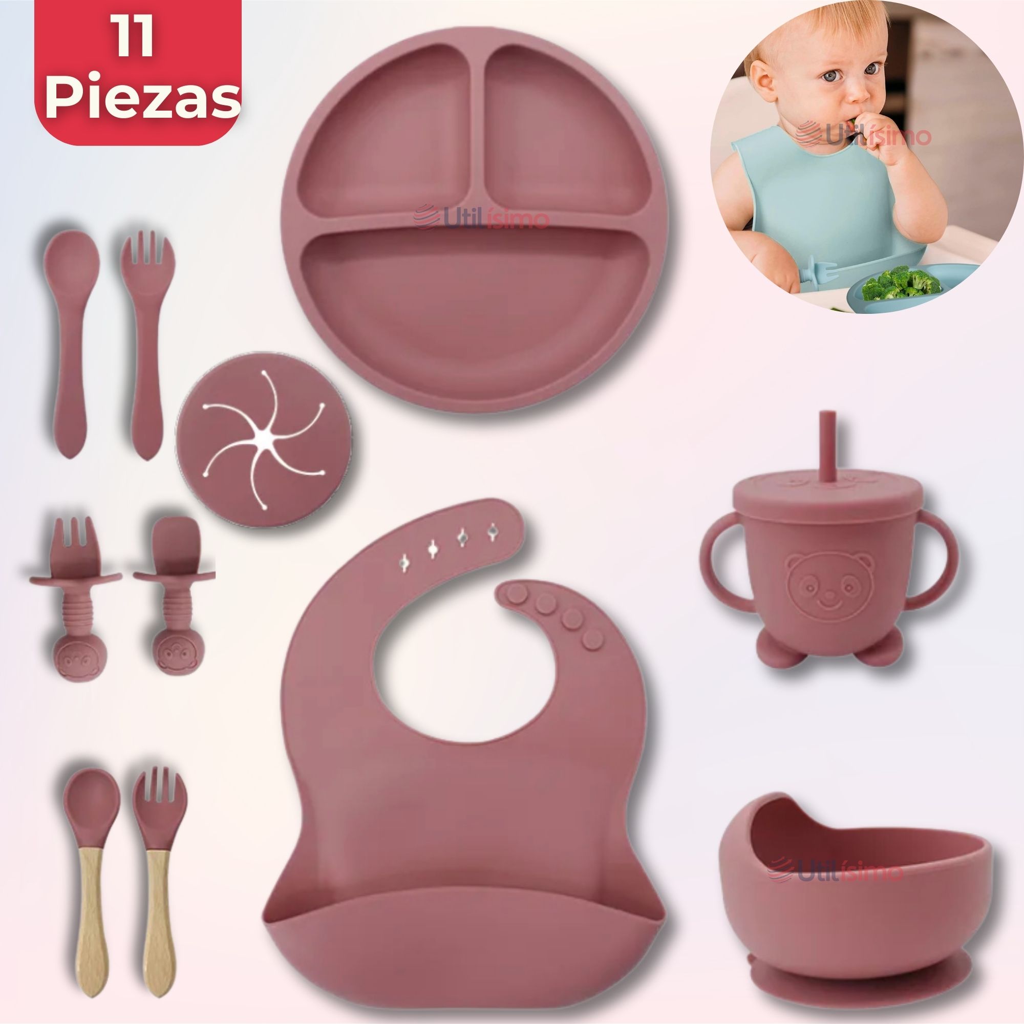 SET DE ALIMENTACIÓN BEBÉ SILICONA CON VASO 11 PIEZAS LIBRE BPA ROSA OSCURO - 1