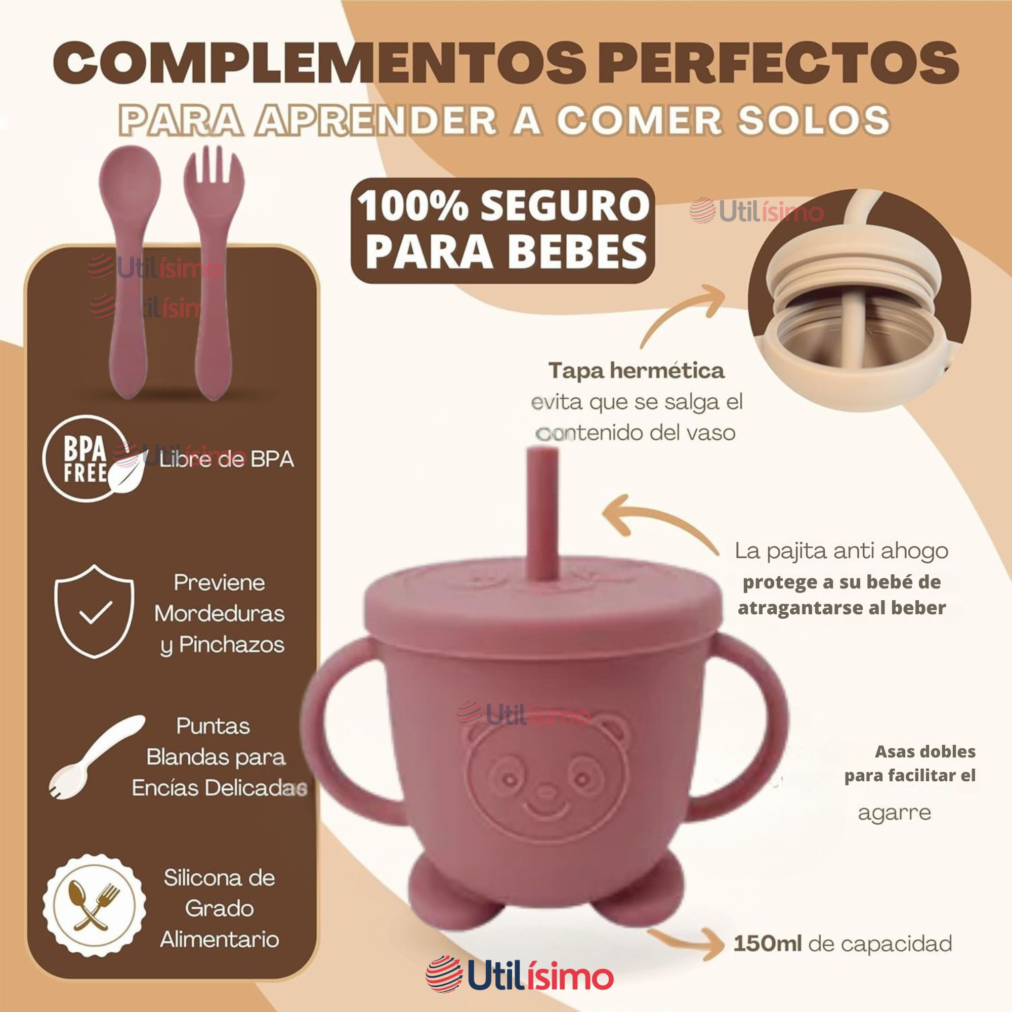 SET DE ALIMENTACIÓN BEBÉ SILICONA CON VASO 11 PIEZAS LIBRE BPA ROSA OSCURO - 3