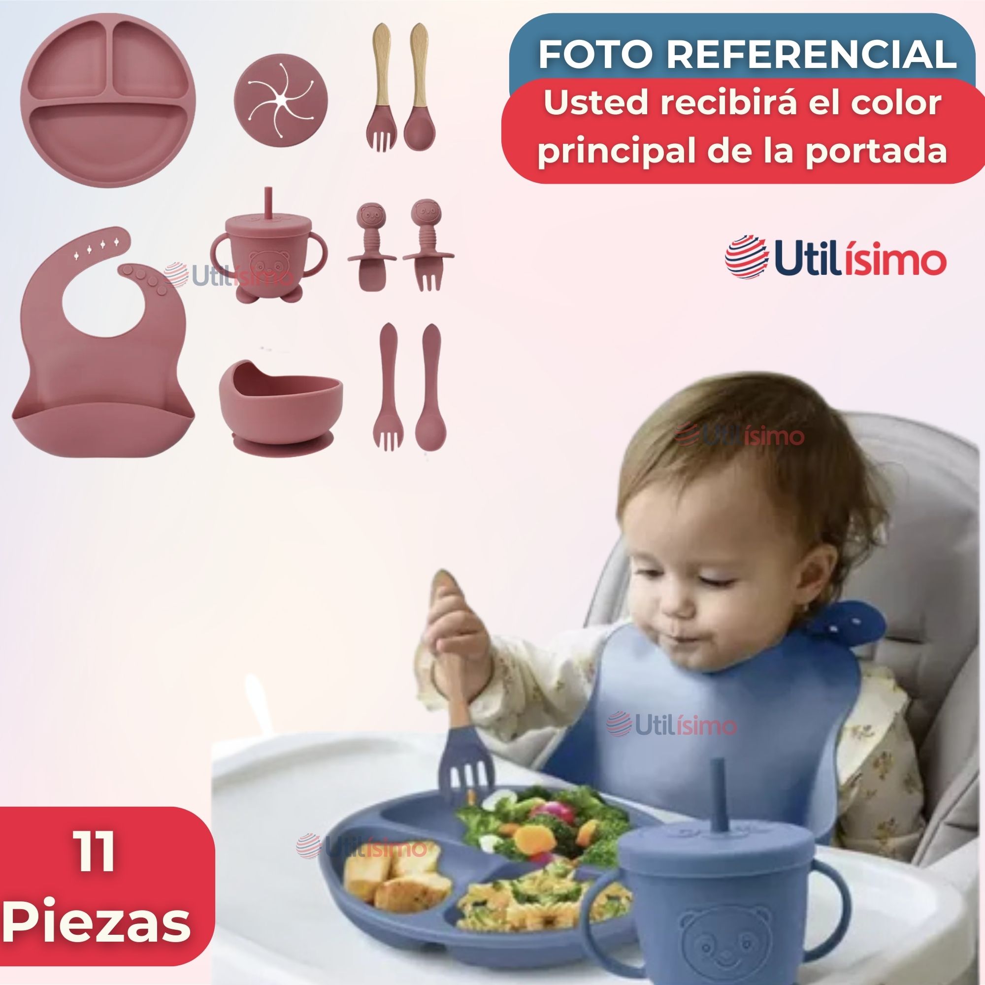 SET DE ALIMENTACIÓN BEBÉ SILICONA CON VASO 11 PIEZAS LIBRE BPA ROSA OSCURO - 8