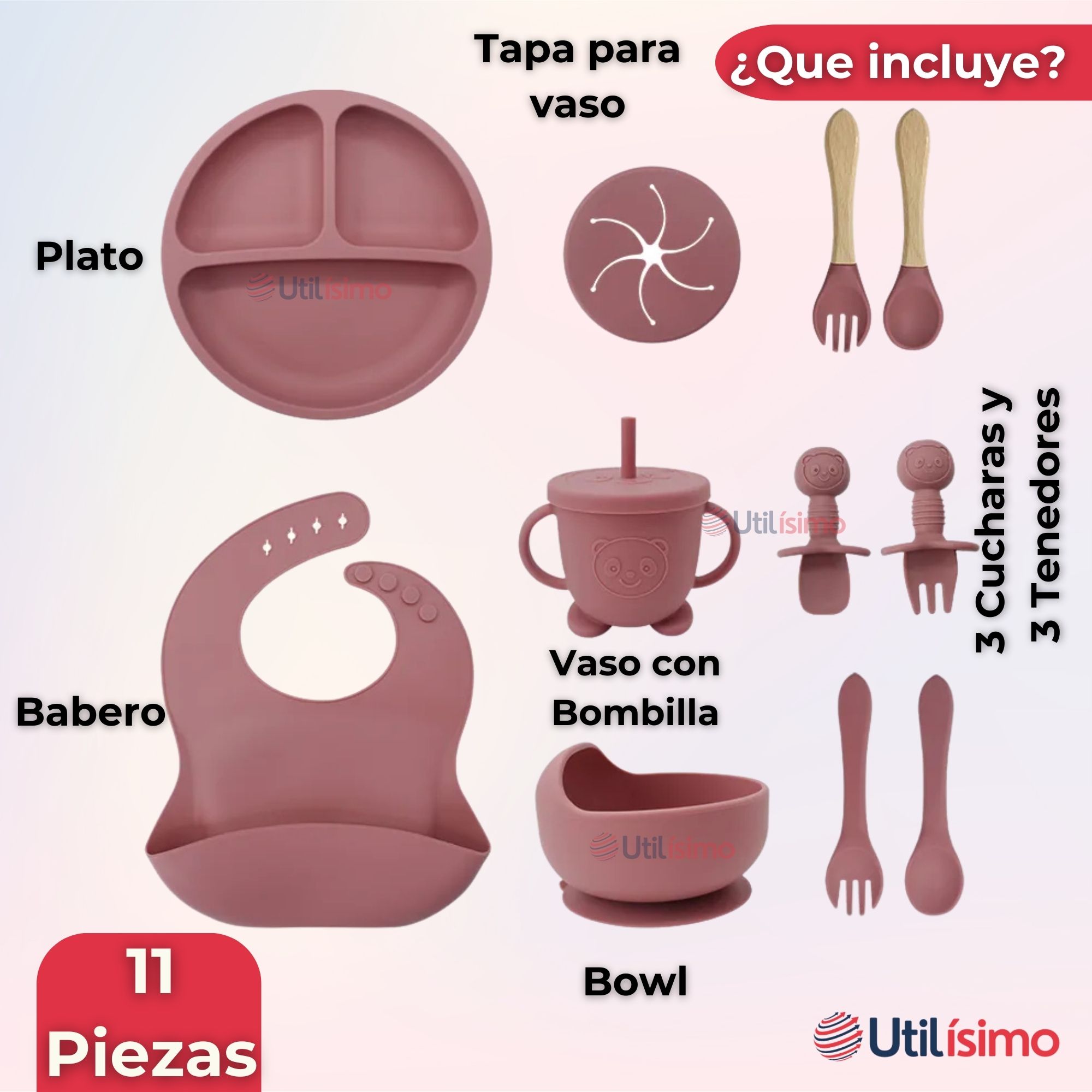 SET DE ALIMENTACIÓN BEBÉ SILICONA CON VASO 11 PIEZAS LIBRE BPA ROSA OSCURO - 9