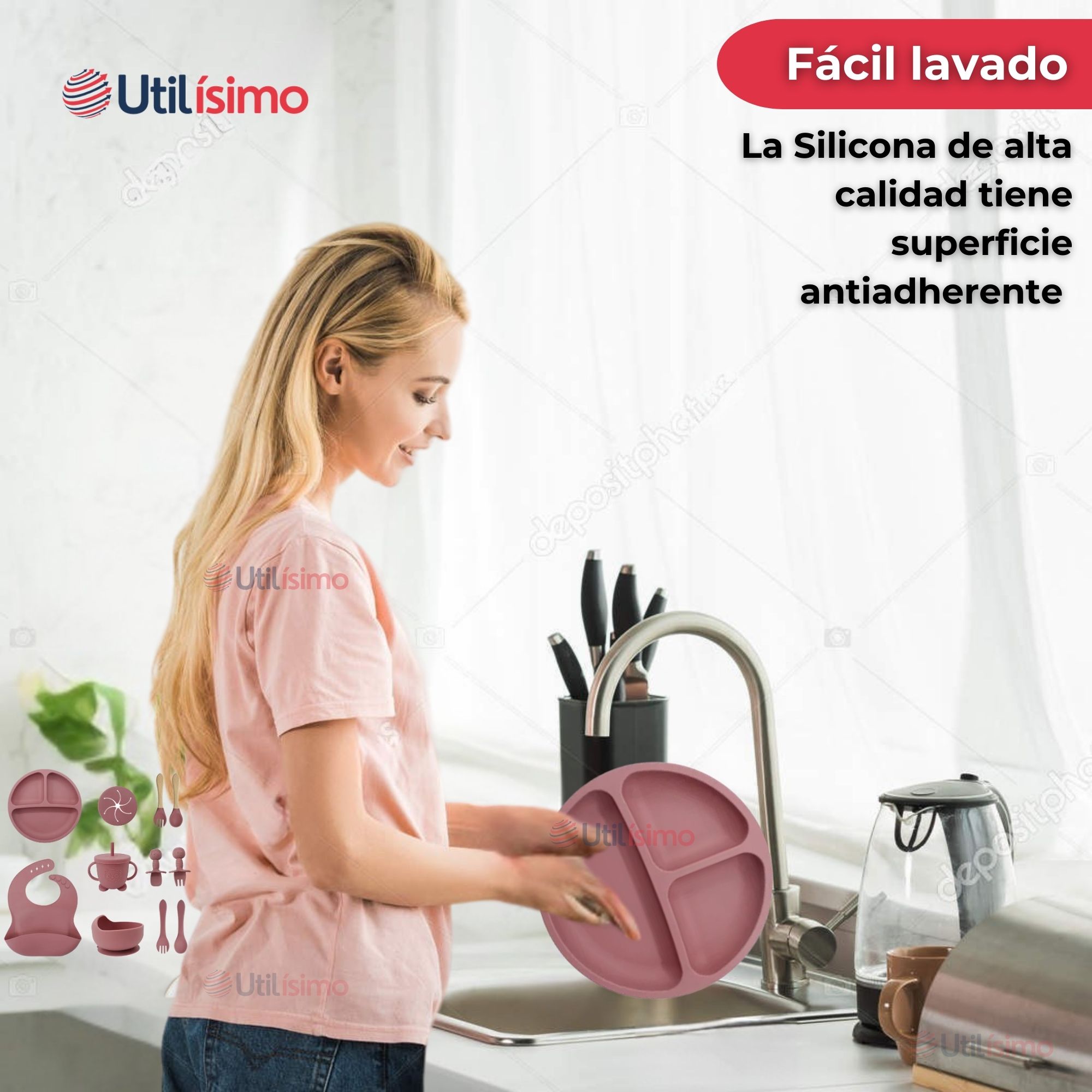 SET DE ALIMENTACIÓN BEBÉ SILICONA CON VASO 11 PIEZAS LIBRE BPA ROSA OSCURO - 11