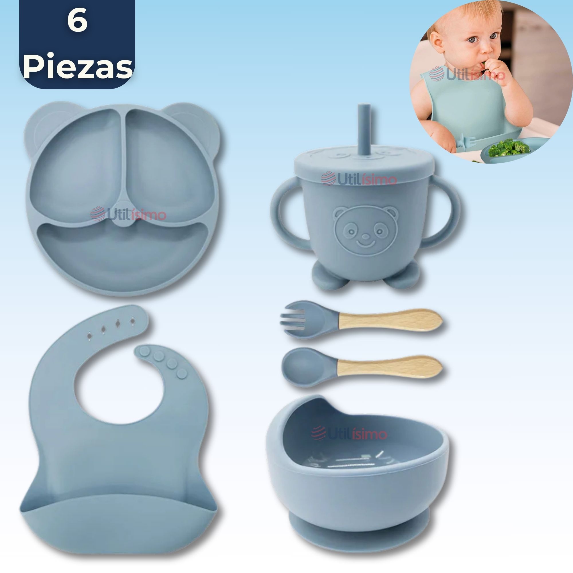 SET DE ALIMENTACIÓN BEBÉ SILICONA DE OSO 6 PIEZAS LIBRE BPA CELESTE - 1