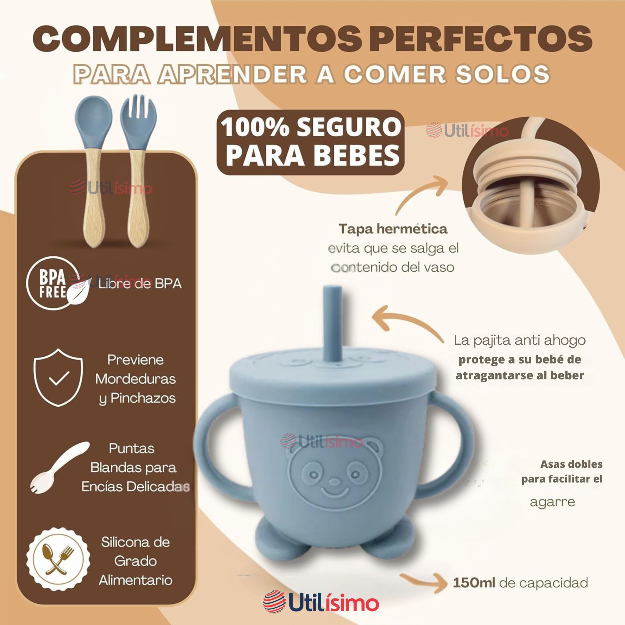 SET DE ALIMENTACIÓN BEBÉ SILICONA DE OSO 6 PIEZAS LIBRE BPA CELESTE - 3