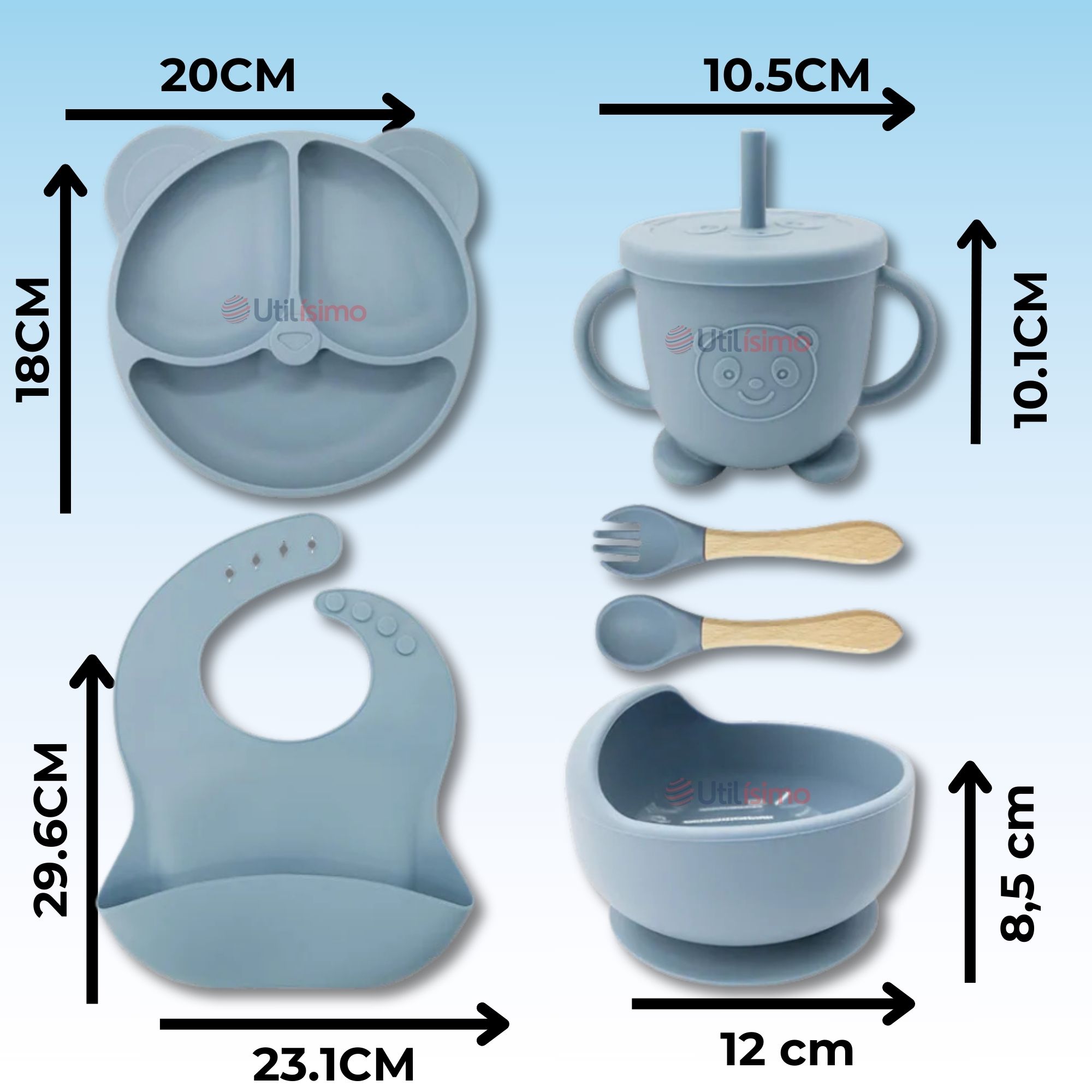 SET DE ALIMENTACIÓN BEBÉ SILICONA DE OSO 6 PIEZAS LIBRE BPA CELESTE - 4