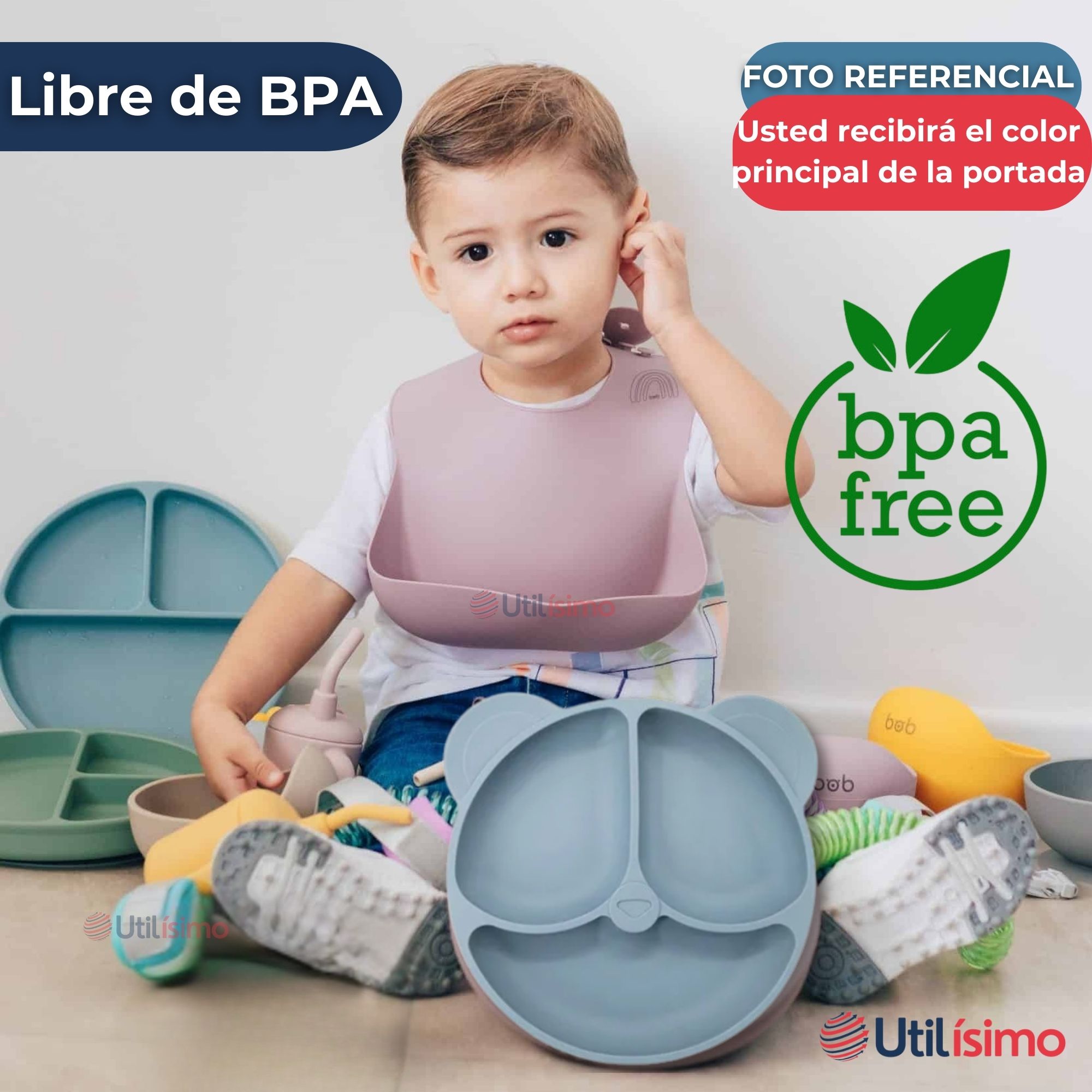SET DE ALIMENTACIÓN BEBÉ SILICONA DE OSO 6 PIEZAS LIBRE BPA CELESTE - 5