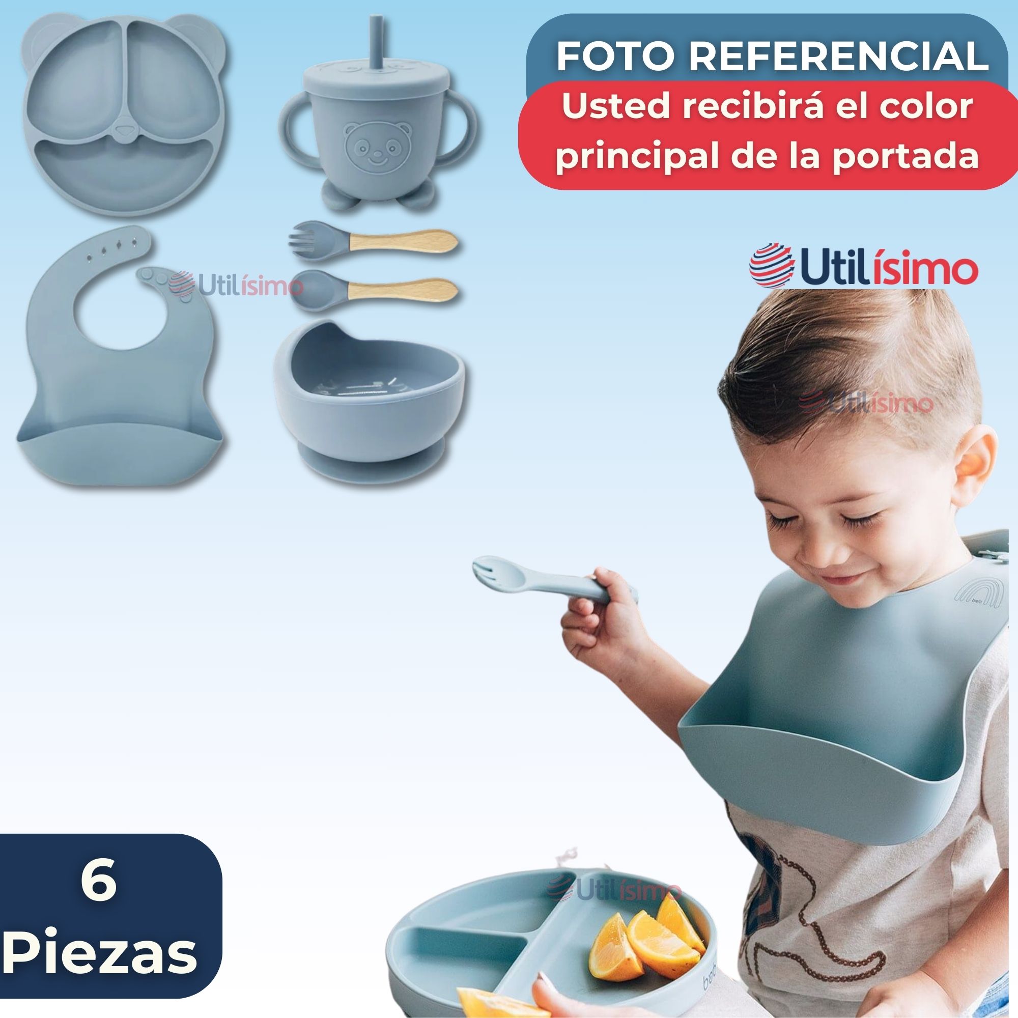 SET DE ALIMENTACIÓN BEBÉ SILICONA DE OSO 6 PIEZAS LIBRE BPA CELESTE - 8