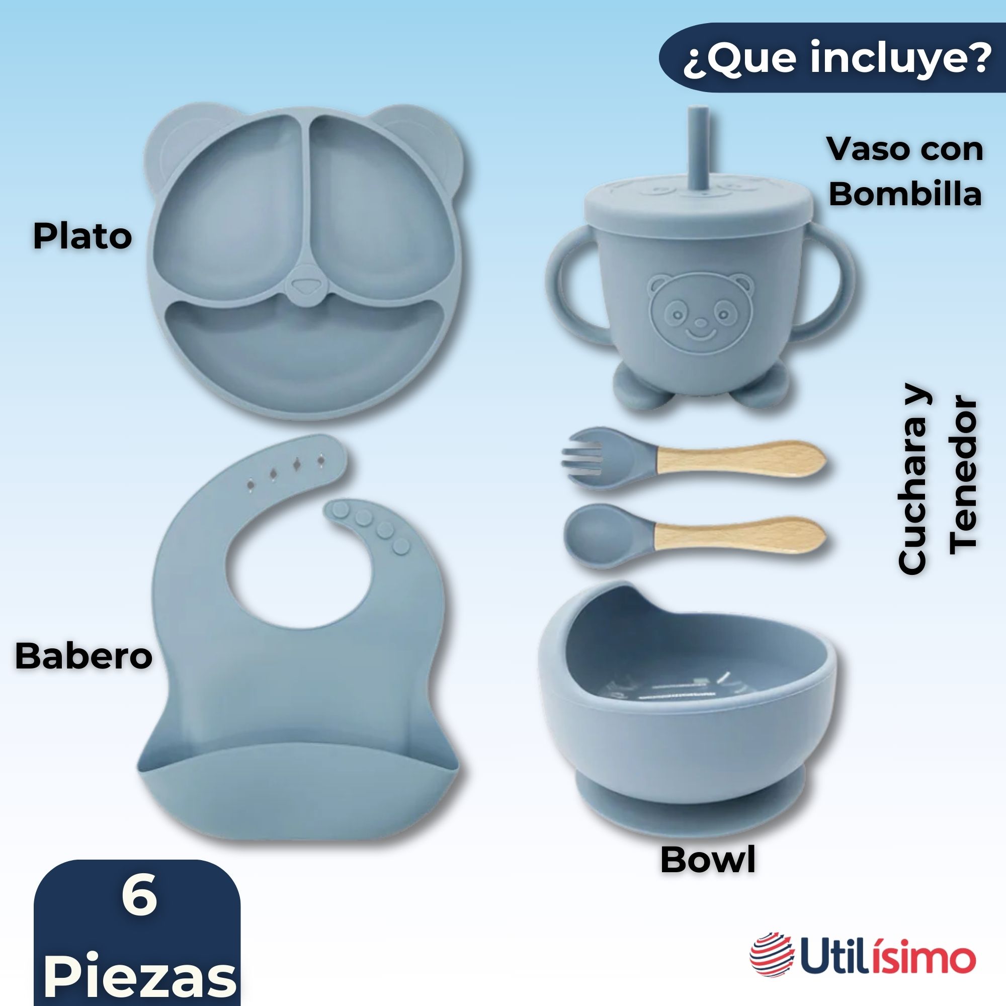 SET DE ALIMENTACIÓN BEBÉ SILICONA DE OSO 6 PIEZAS LIBRE BPA CELESTE - 9