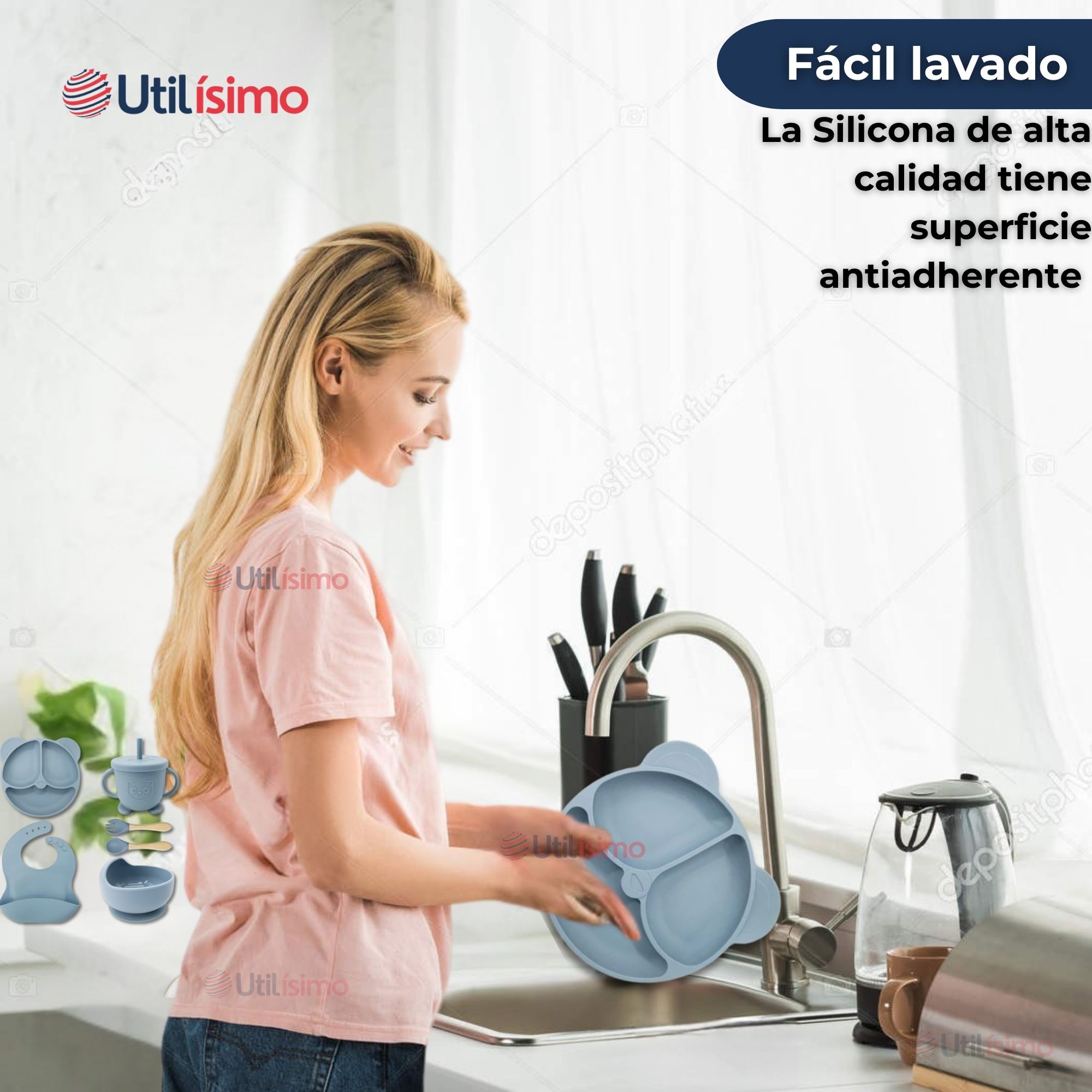 SET DE ALIMENTACIÓN BEBÉ SILICONA DE OSO 6 PIEZAS LIBRE BPA CELESTE - 11