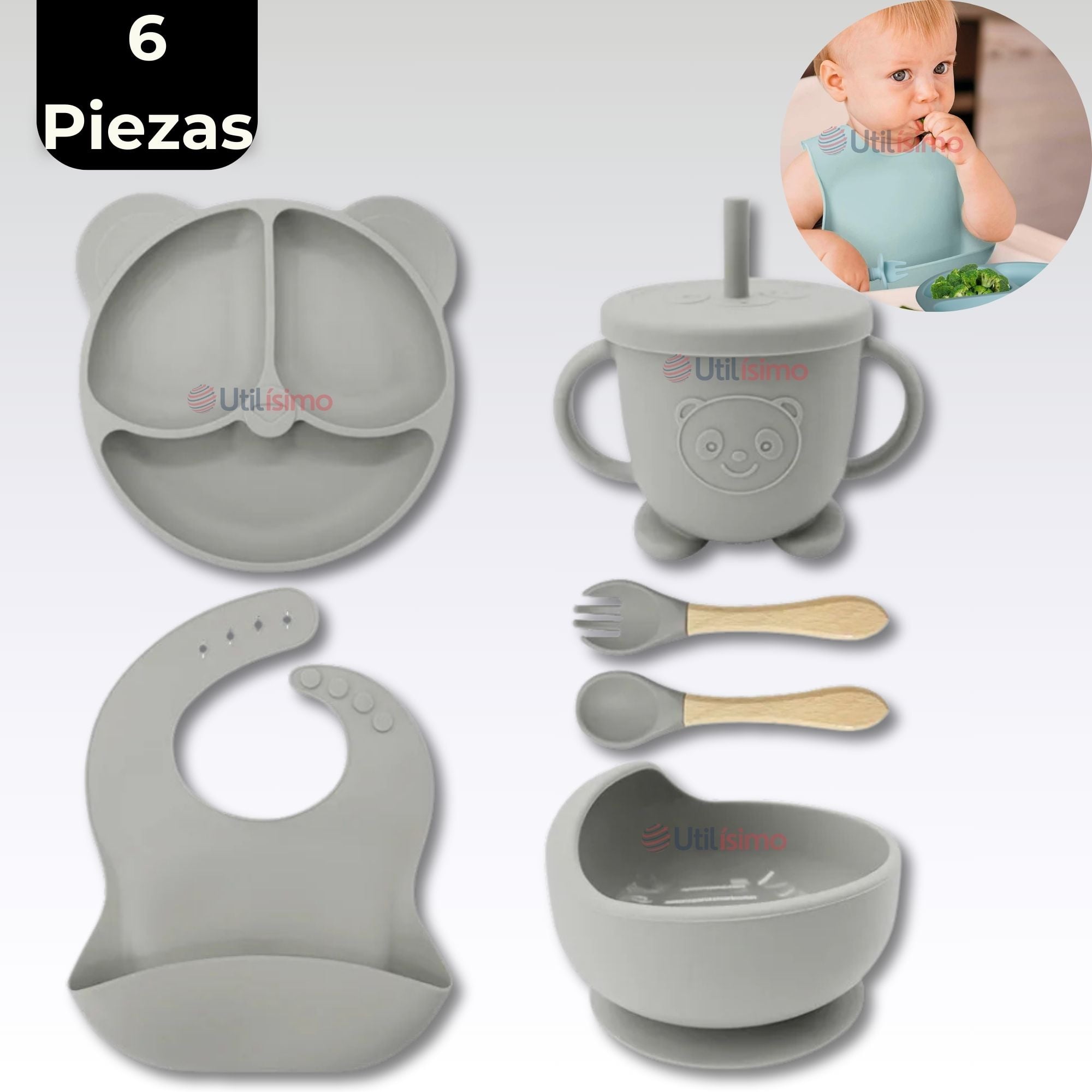 SET DE ALIMENTACIÓN BEBÉ SILICONA DE OSO 6 PIEZAS LIBRE BPA GRIS - 1