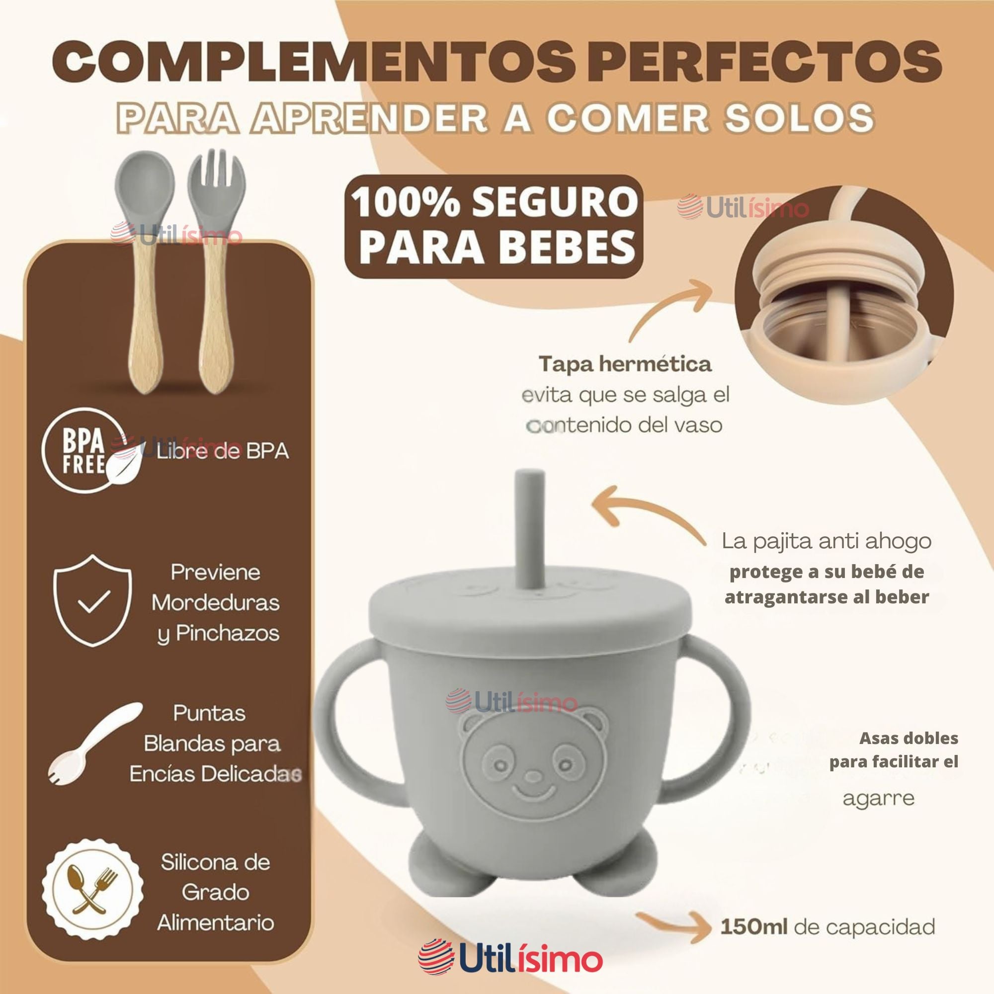 SET DE ALIMENTACIÓN BEBÉ SILICONA DE OSO 6 PIEZAS LIBRE BPA GRIS - 3
