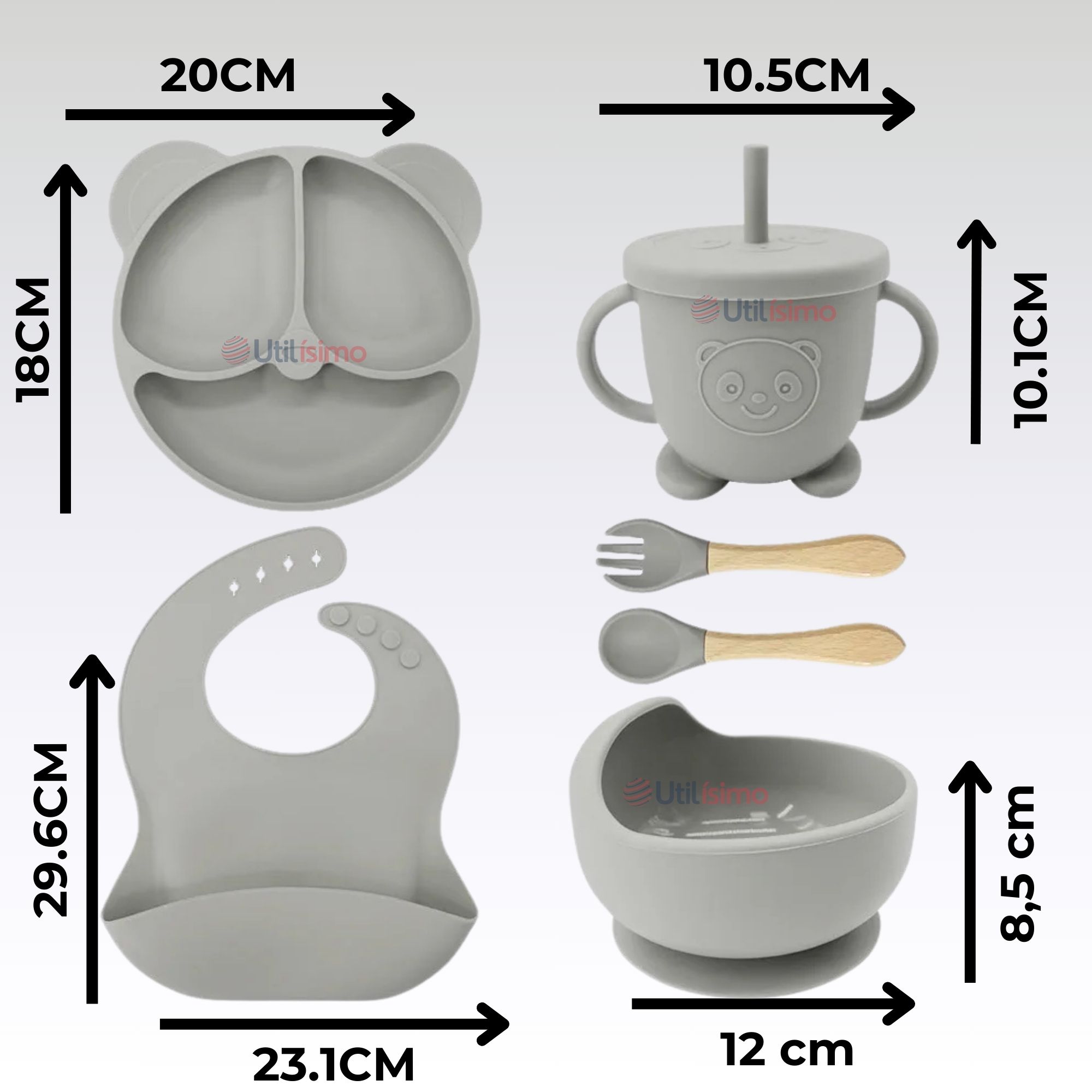 SET DE ALIMENTACIÓN BEBÉ SILICONA DE OSO 6 PIEZAS LIBRE BPA GRIS - 4