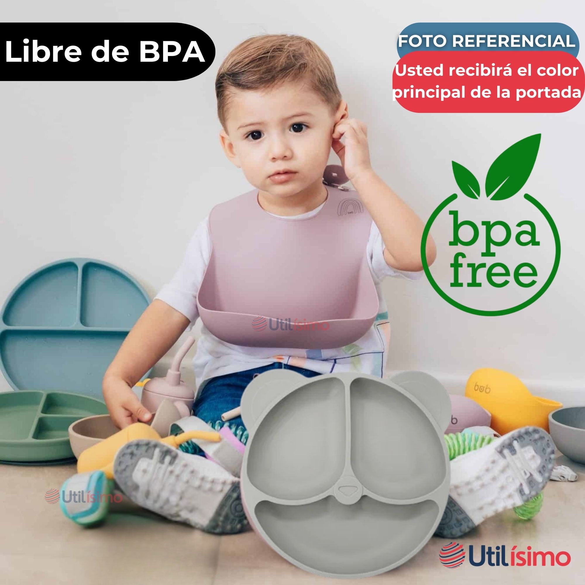 SET DE ALIMENTACIÓN BEBÉ SILICONA DE OSO 6 PIEZAS LIBRE BPA GRIS - 5