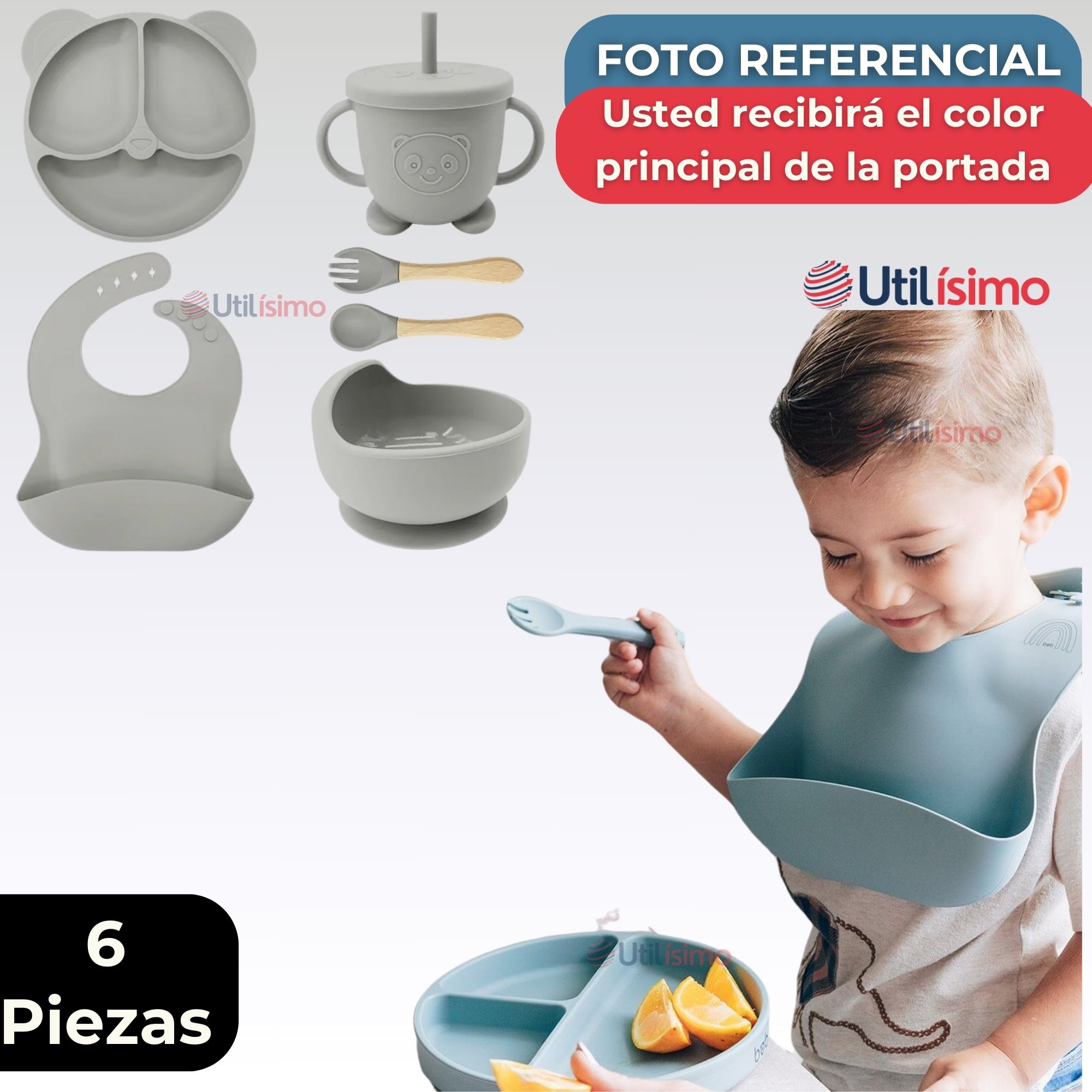 SET DE ALIMENTACIÓN BEBÉ SILICONA DE OSO 6 PIEZAS LIBRE BPA GRIS - 8