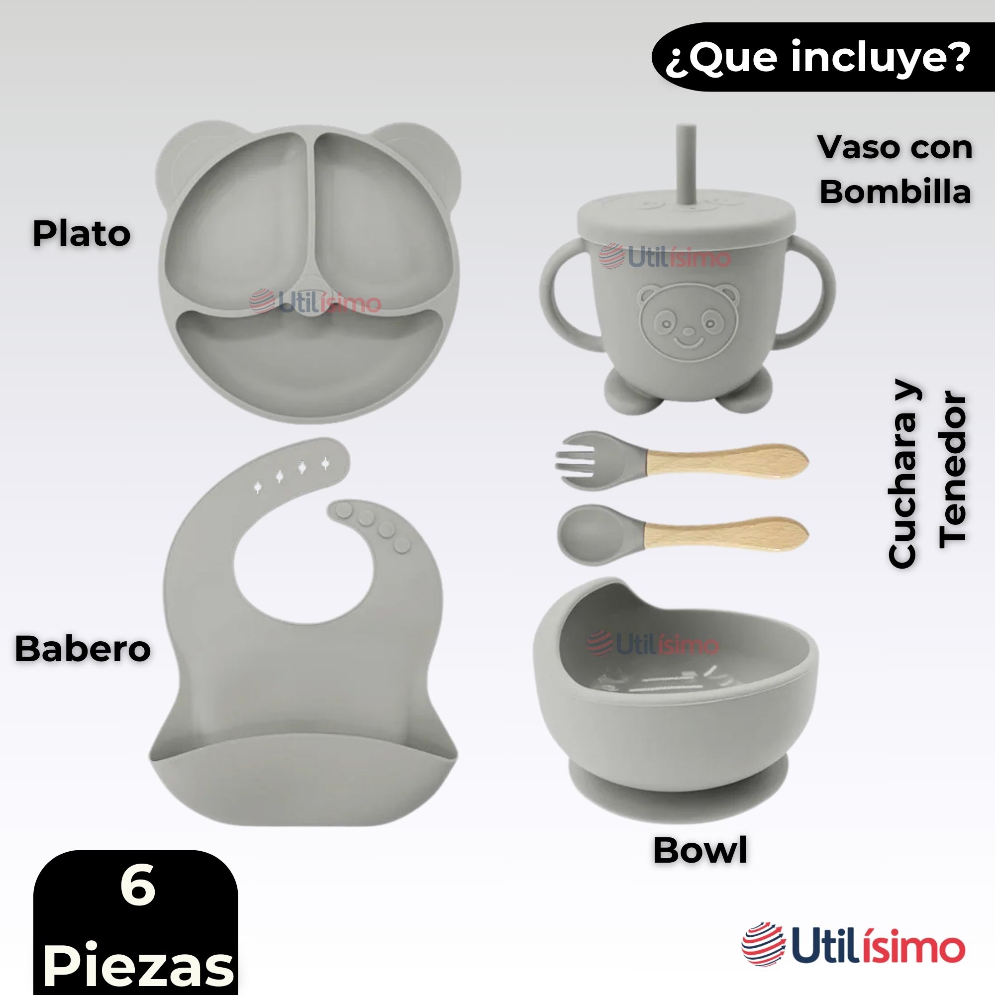SET DE ALIMENTACIÓN BEBÉ SILICONA DE OSO 6 PIEZAS LIBRE BPA GRIS - 9
