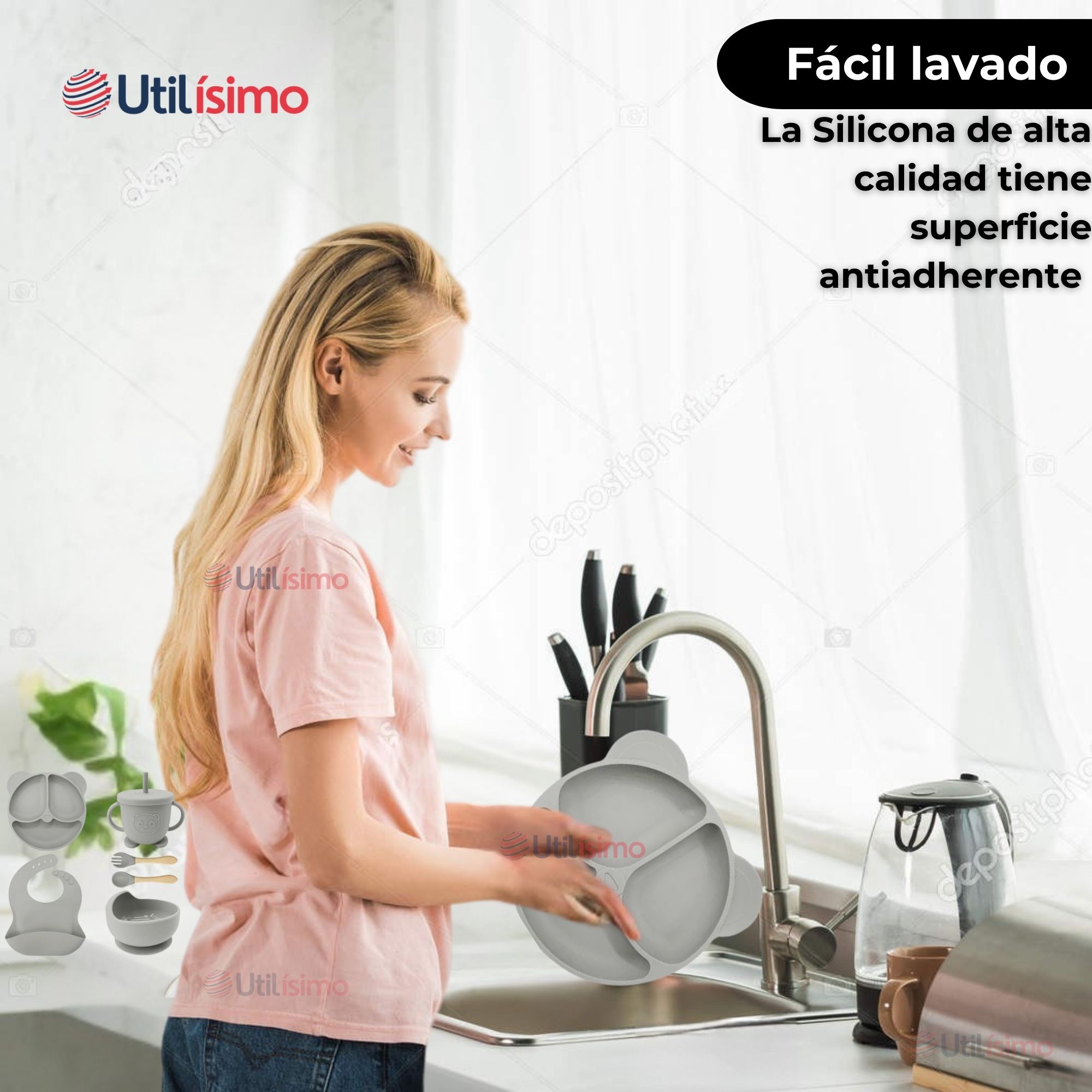 SET DE ALIMENTACIÓN BEBÉ SILICONA DE OSO 6 PIEZAS LIBRE BPA GRIS - 11