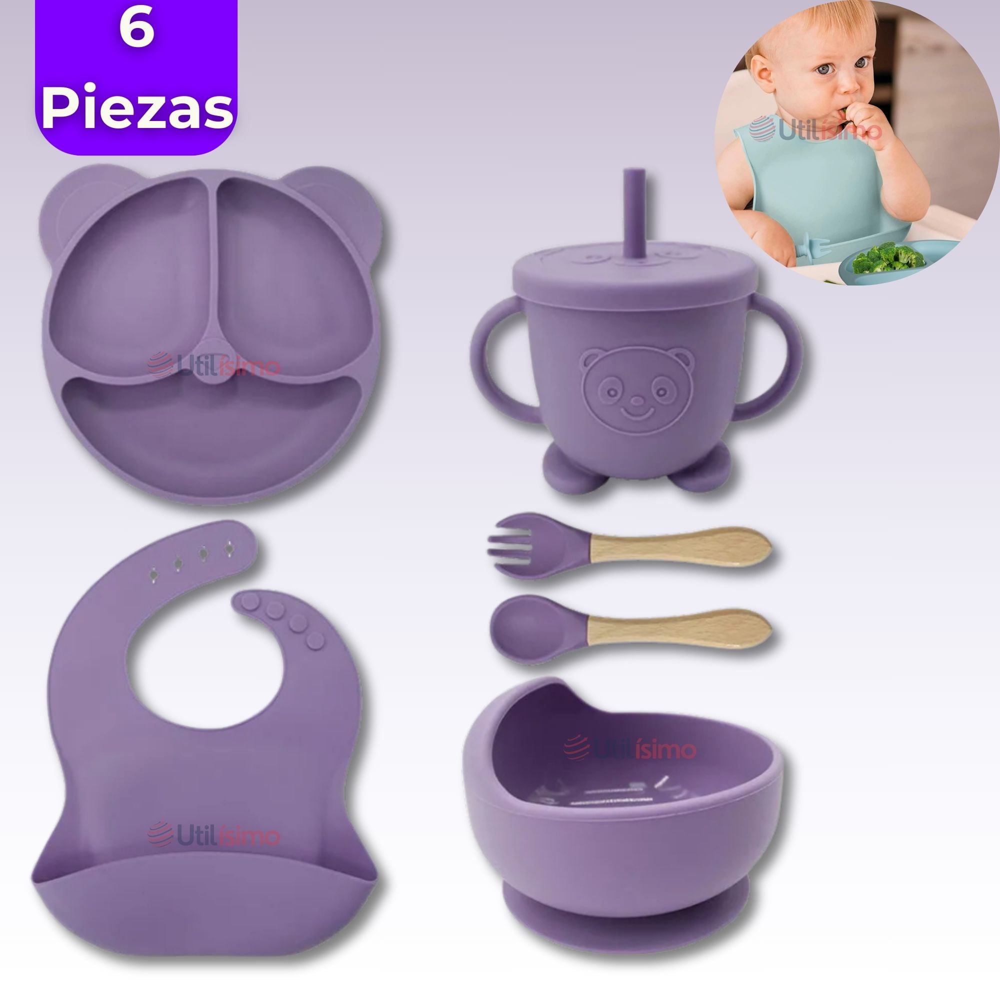 SET DE ALIMENTACIÓN BEBÉ SILICONA DE OSO 6 PIEZAS LIBRE BPA LILA - 1