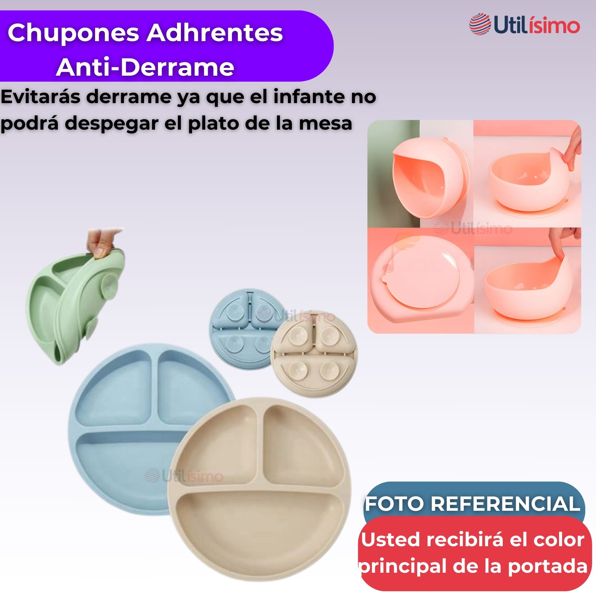SET DE ALIMENTACIÓN BEBÉ SILICONA DE OSO 6 PIEZAS LIBRE BPA LILA - 2