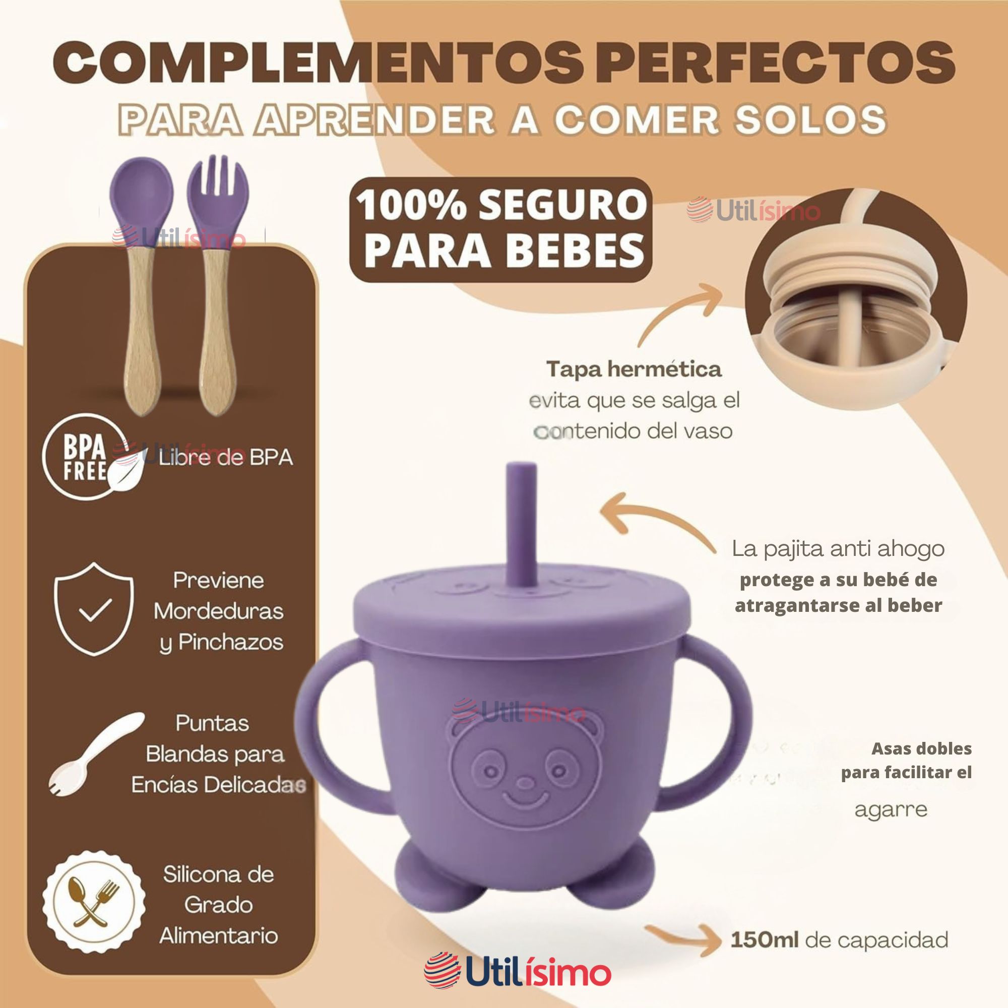SET DE ALIMENTACIÓN BEBÉ SILICONA DE OSO 6 PIEZAS LIBRE BPA LILA - 3