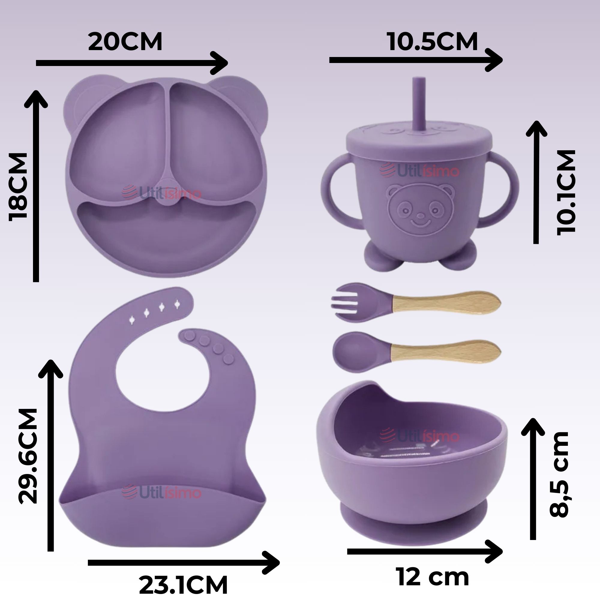 SET DE ALIMENTACIÓN BEBÉ SILICONA DE OSO 6 PIEZAS LIBRE BPA LILA - 4